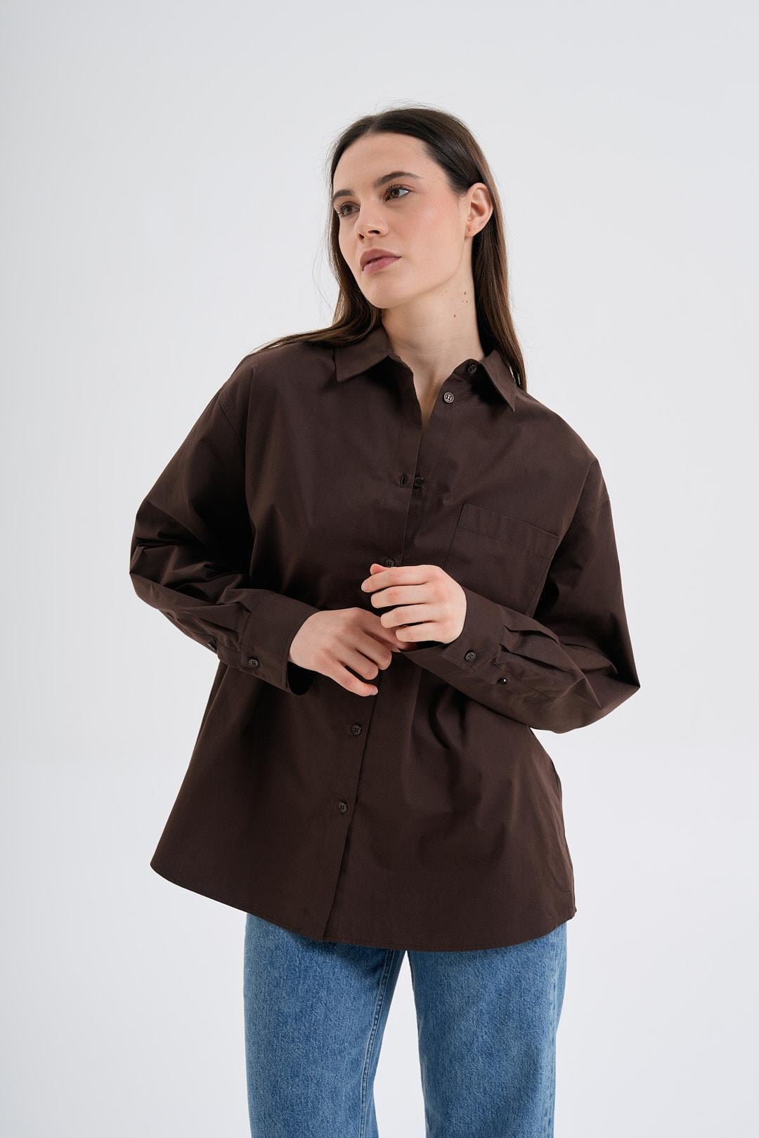 Kahverengi Oversize Poplin Gömlek