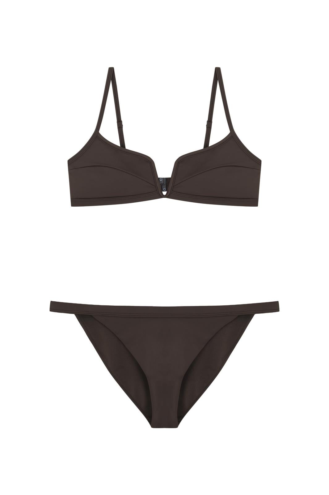 Kahverengi V Dekolteli Balenli Bikini