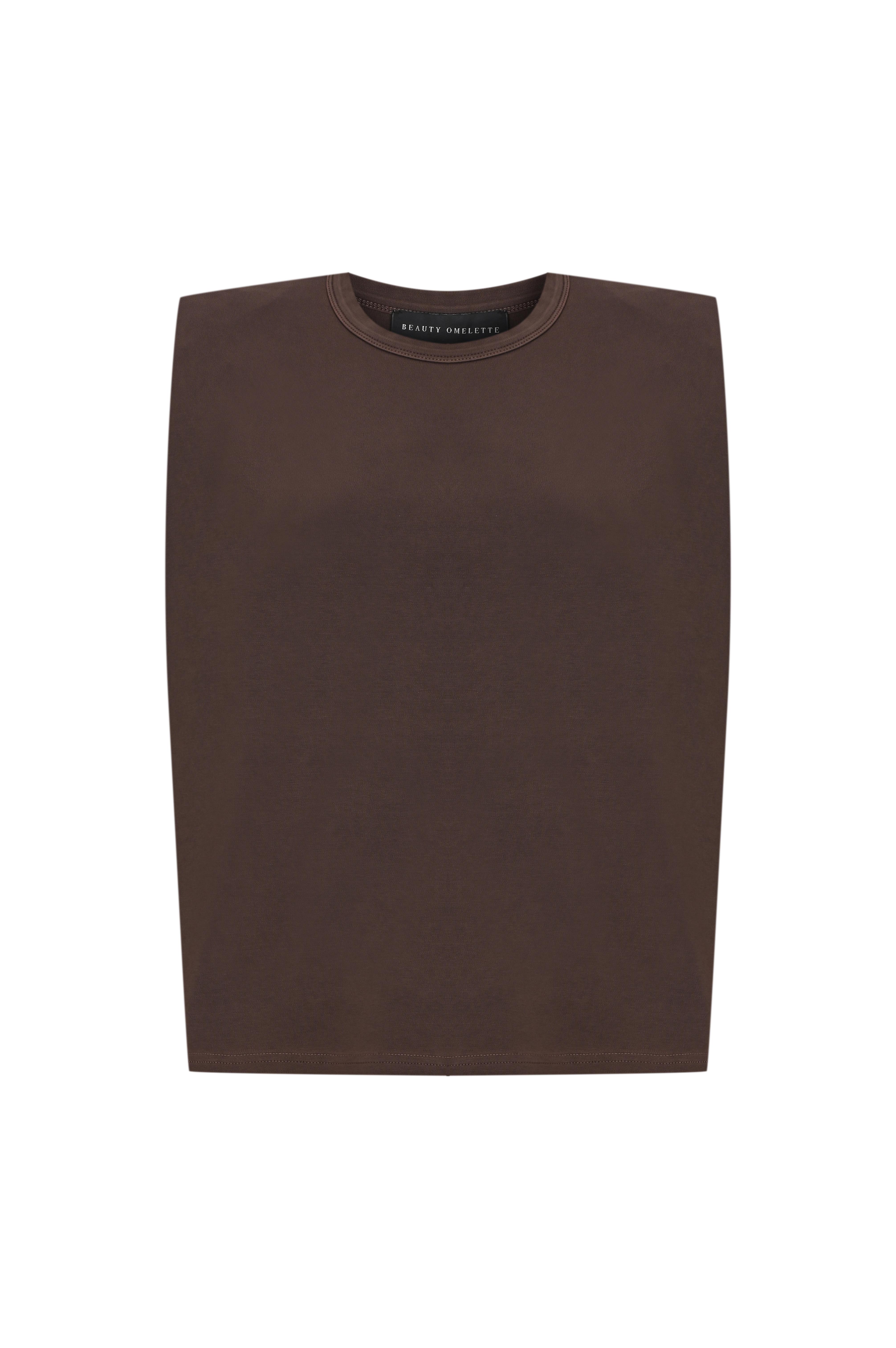 Kahverengi Yıkamalı Vatkalı Kolsuz Tshirt
