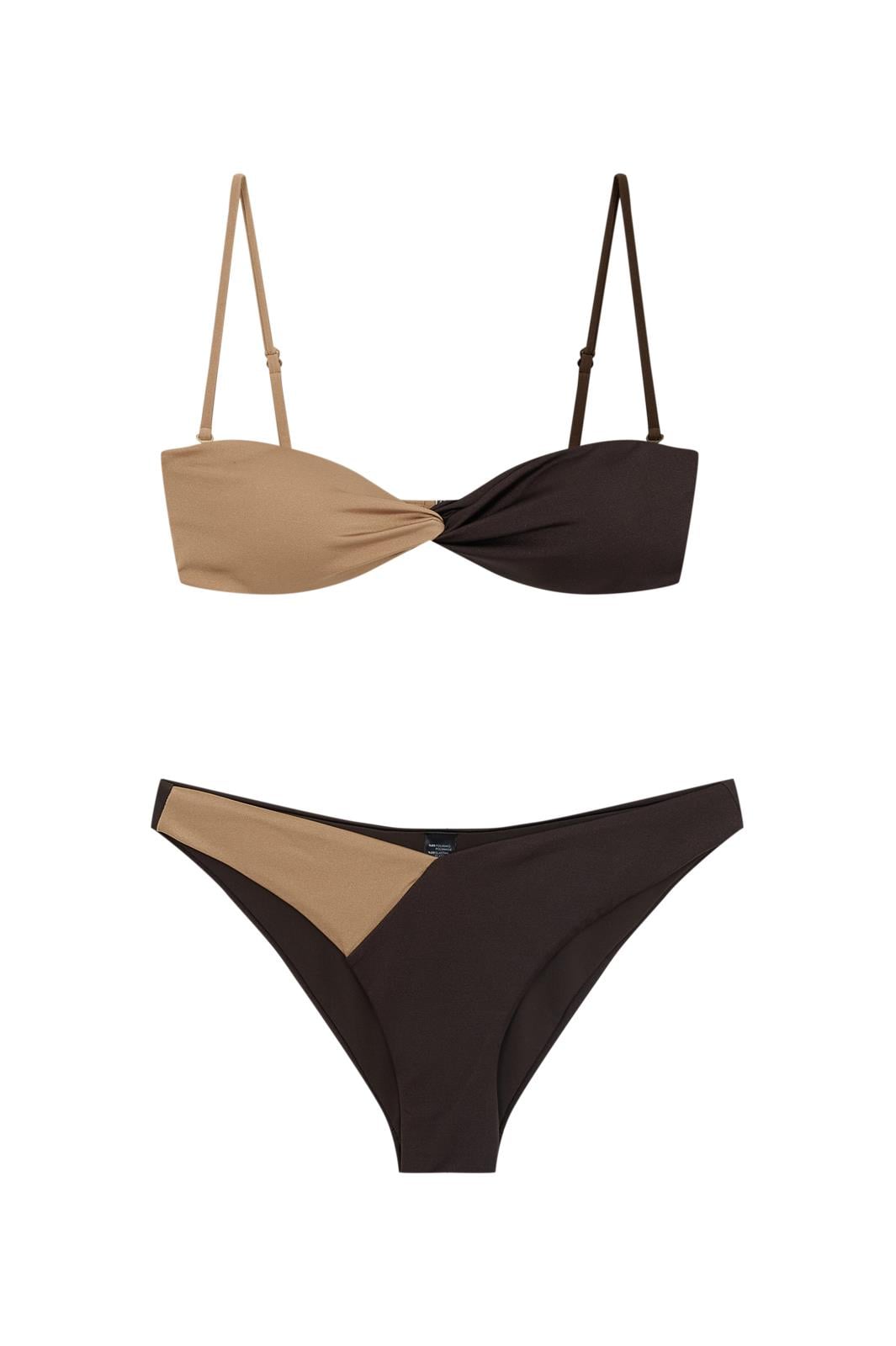 Kahverengi/Gold Kontrast Düğüm Detaylı Simli Straplez Bikini