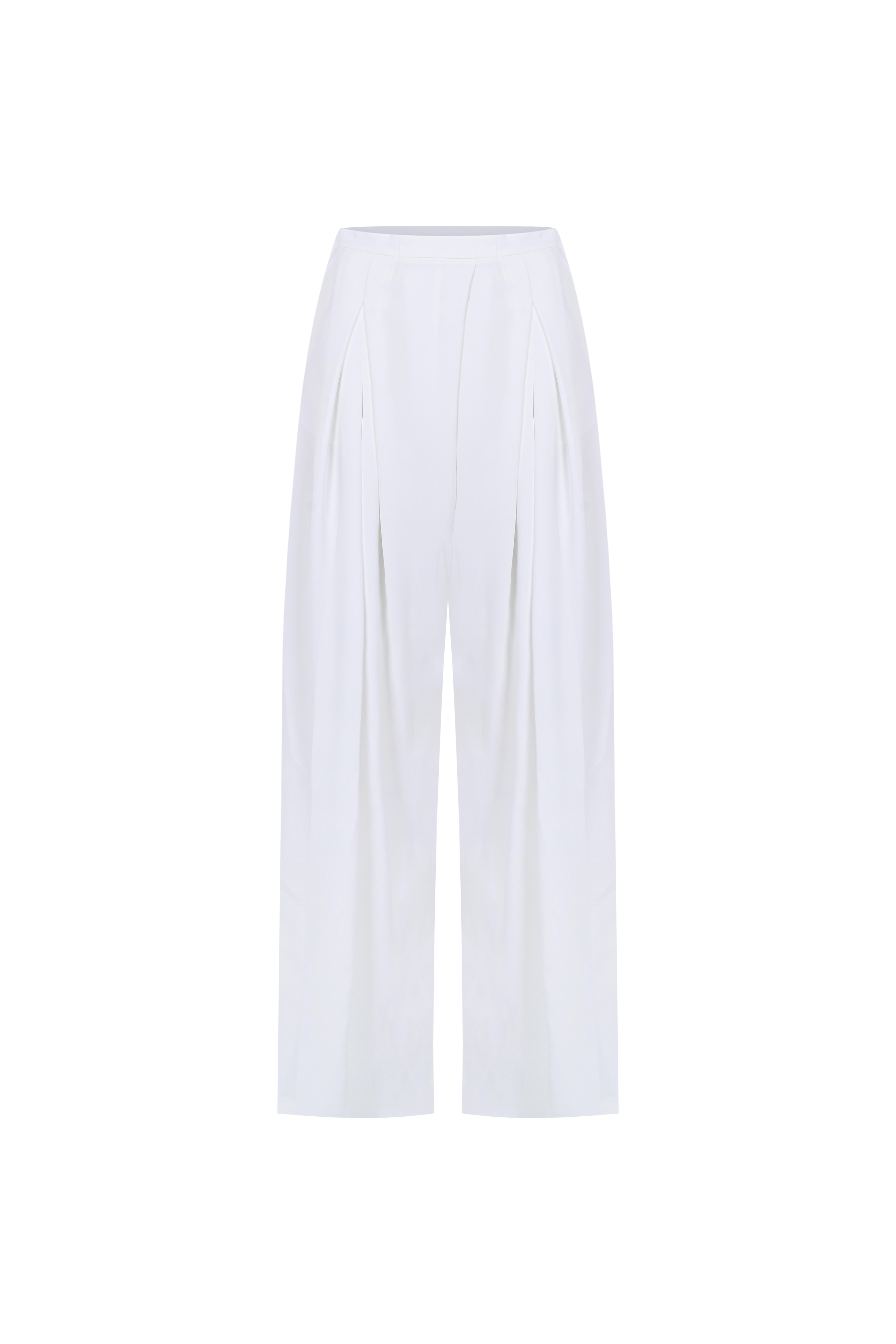 Kırık Beyaz Çift Pileli Krep Bol Pantolon