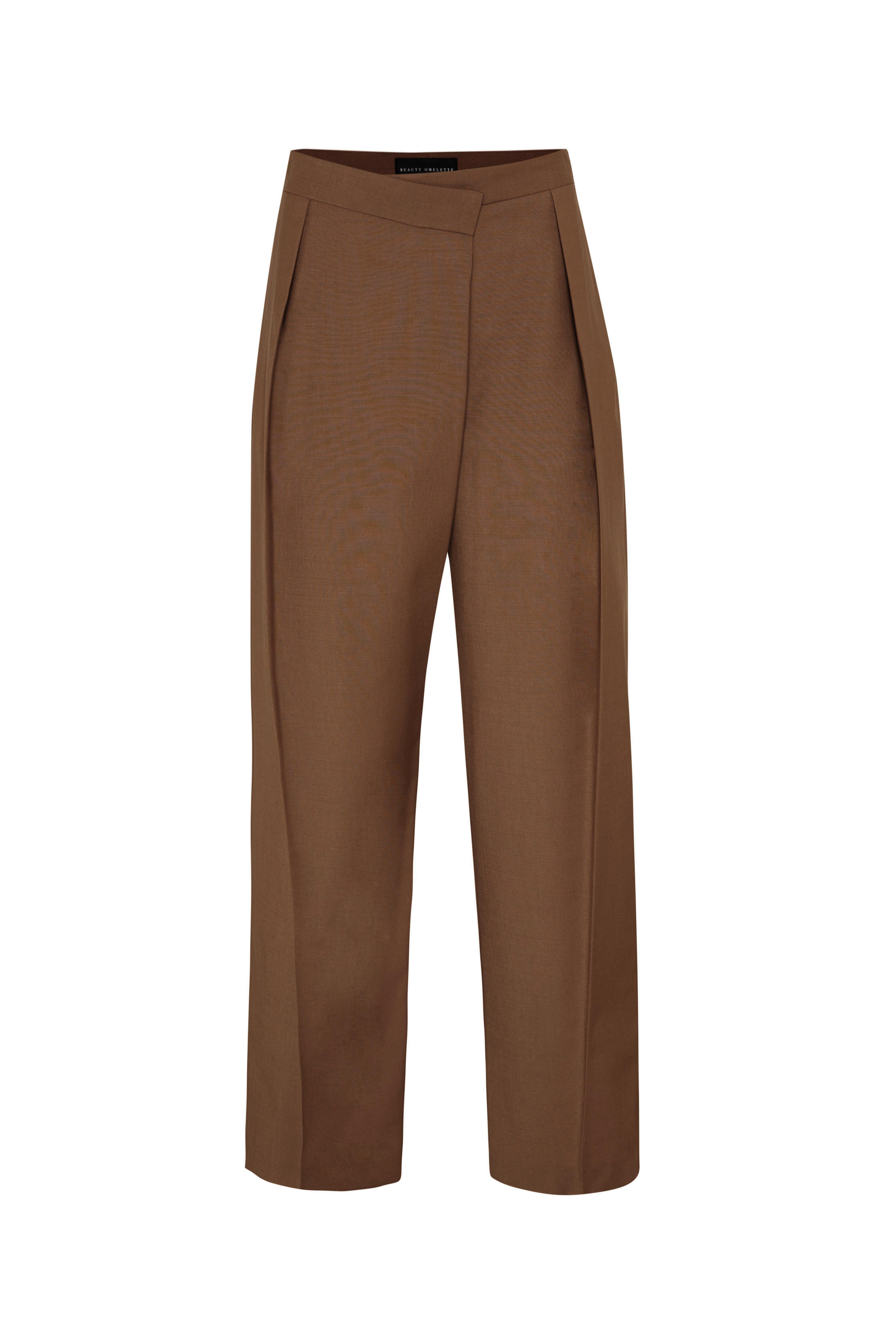 Koyu Camel Asimetrik Bel Detaylı Yünlü Pantolon