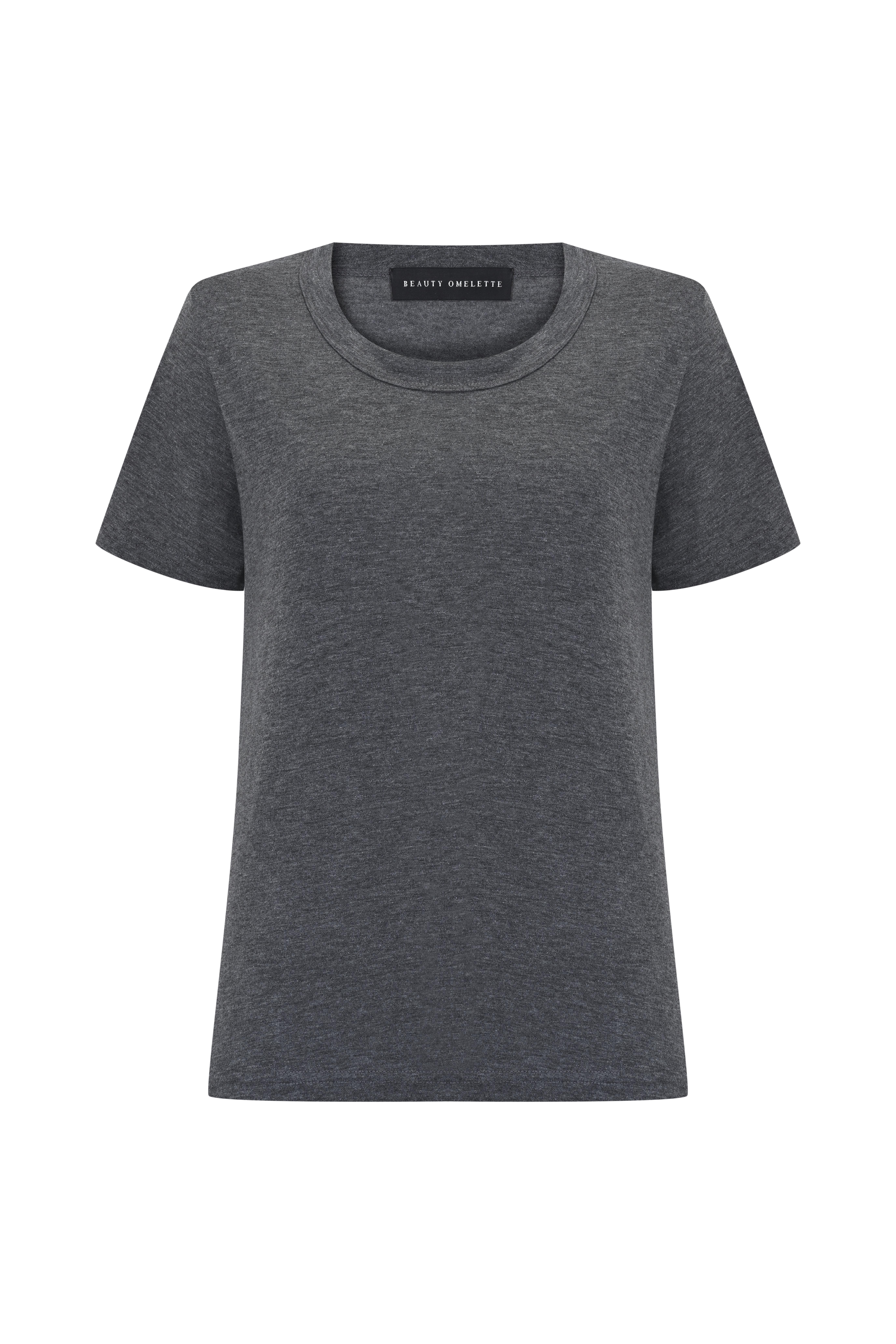 Koyu Gri Melanj Bisiklet Yaka Flamlı Kısa Kol Tshirt