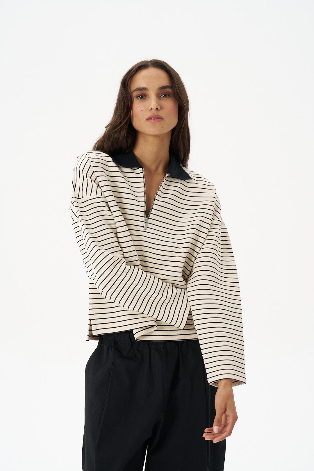Lacivert Çizgili Polo Yaka Fermuarlı Sweatshirt