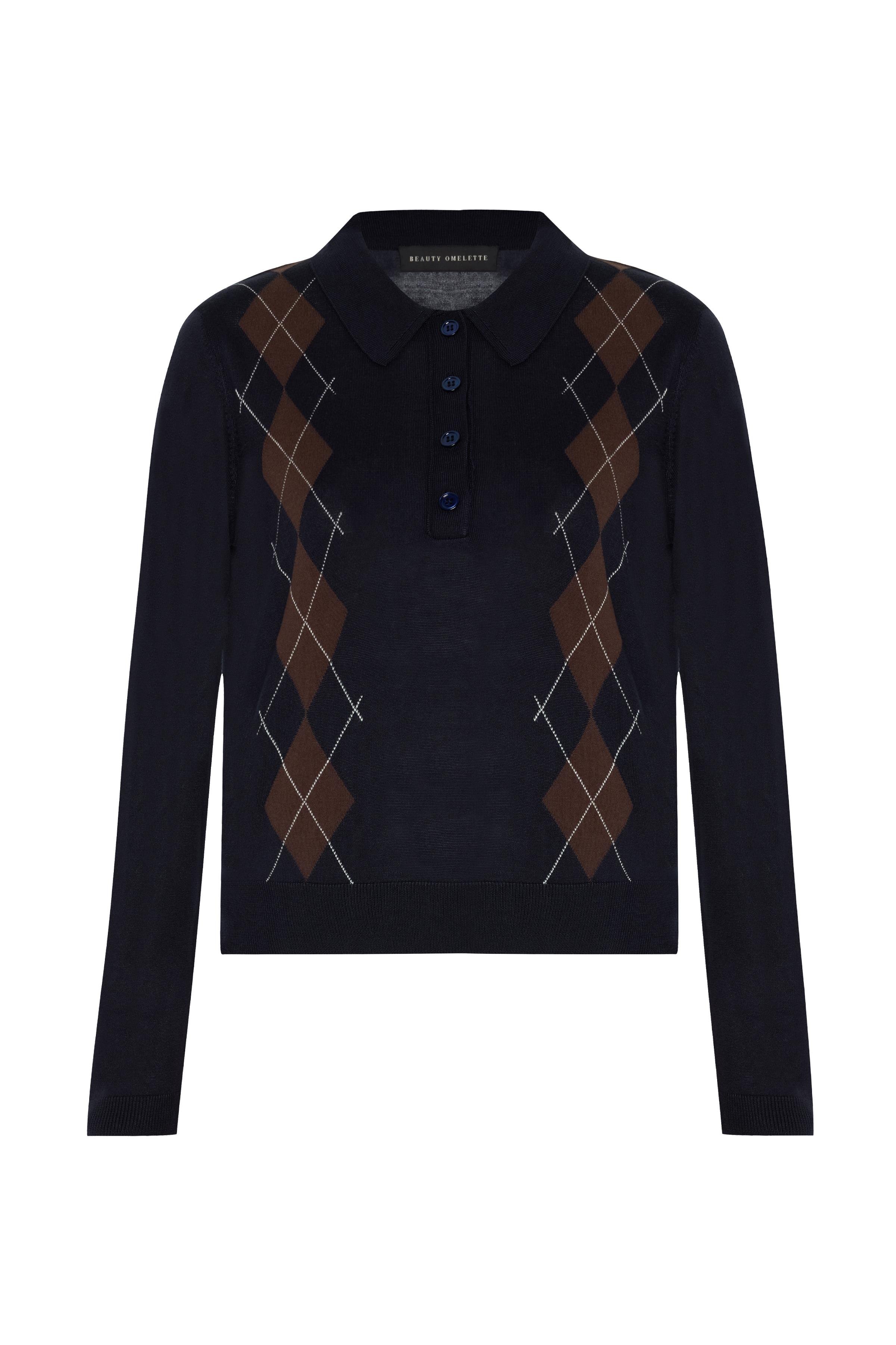 Lacivert Polo Yaka Baklava Desenli Uzun Kol Kazak