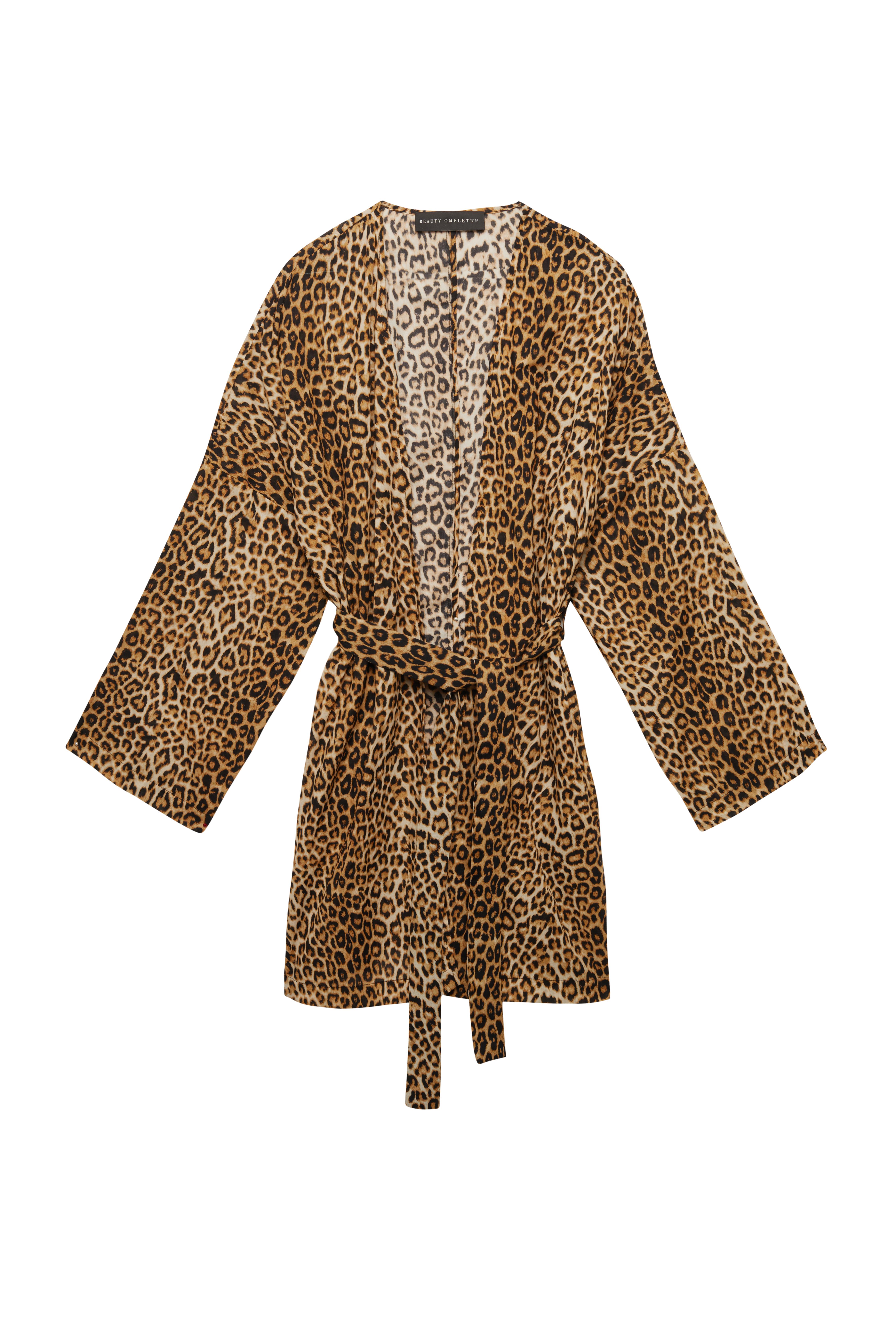 Leopar Desen Koton Kuşaklı Kimono