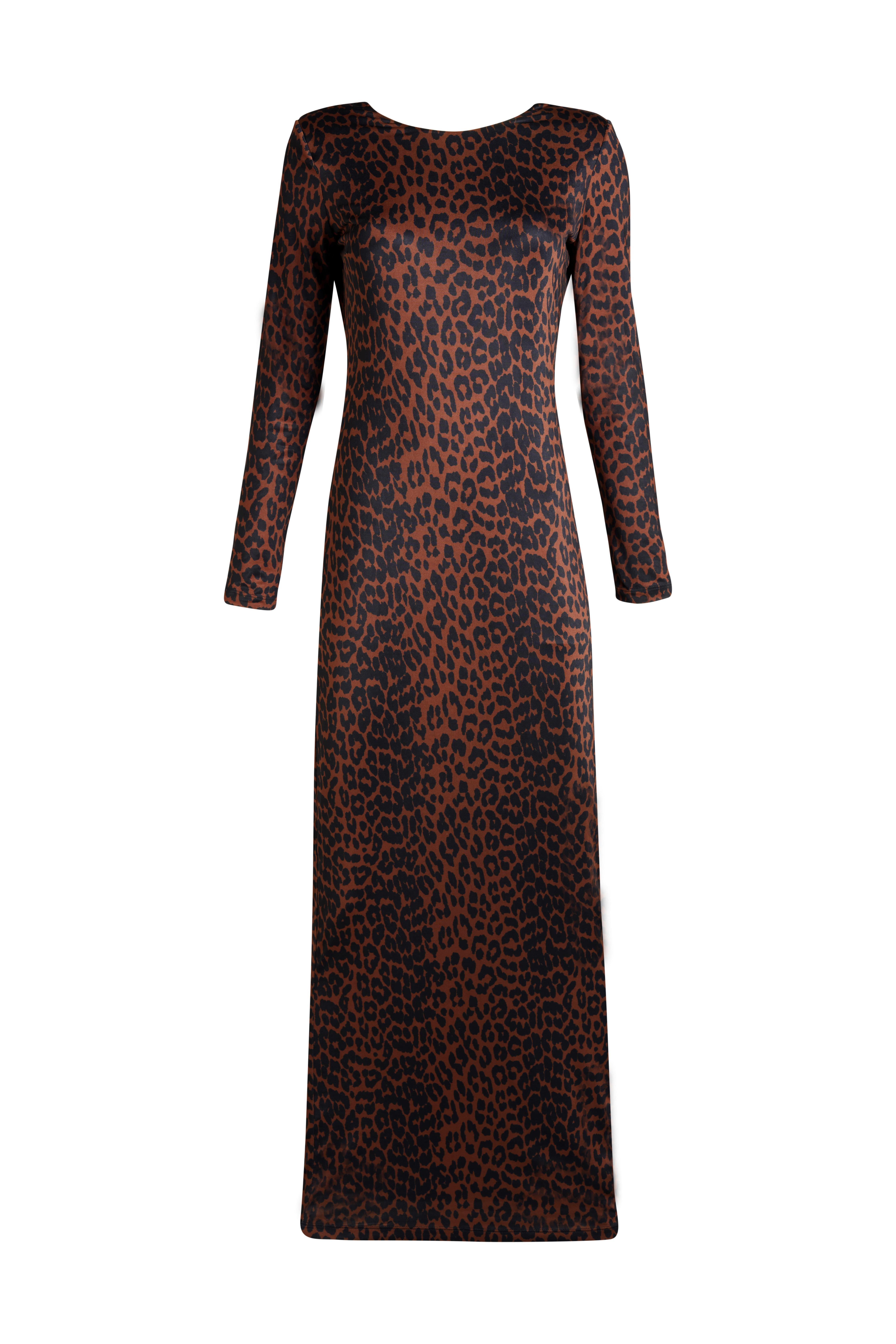 Leopar Desen Sırtı Açık Jarse Uzun Elbise