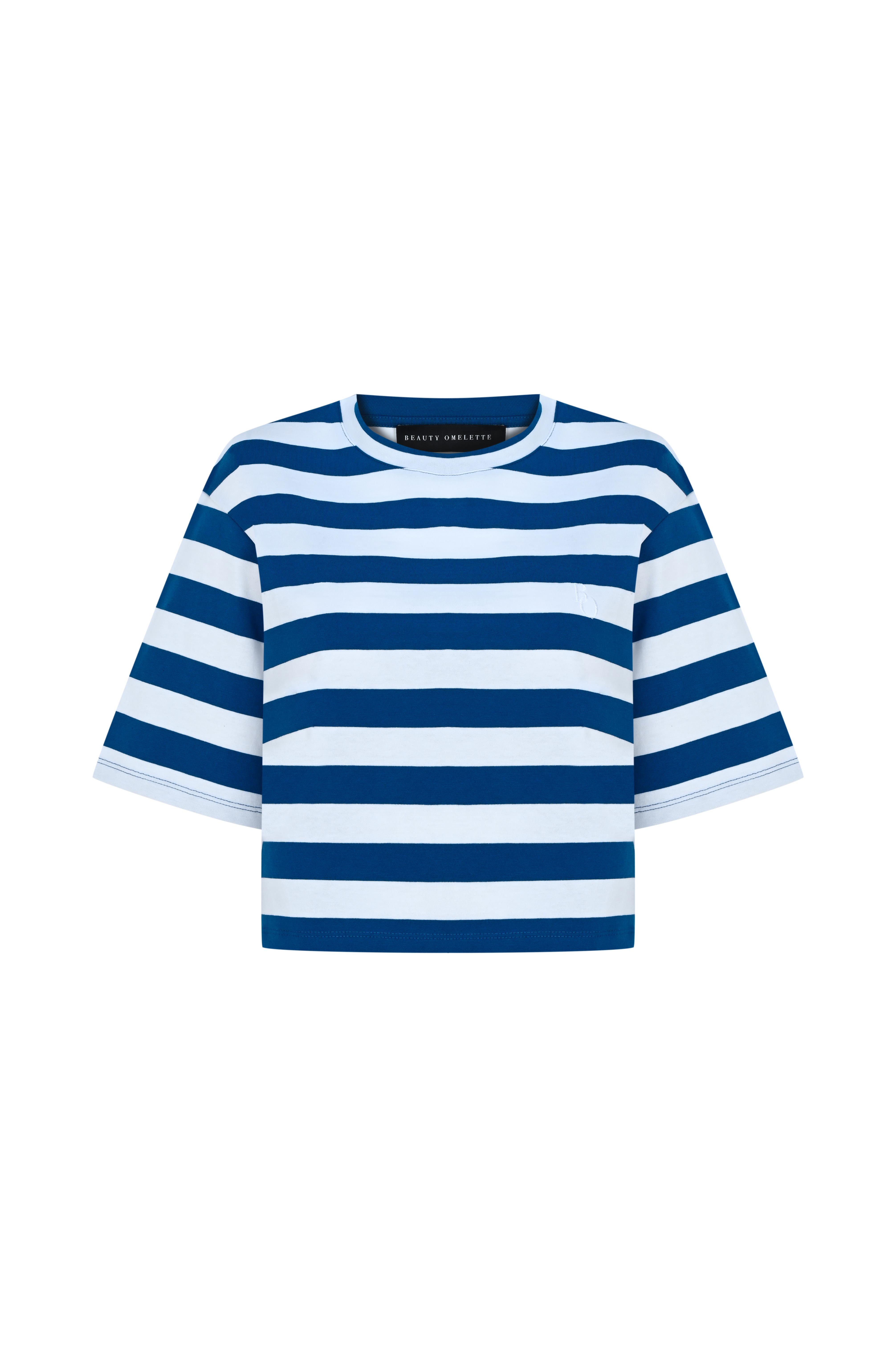Mavi Çizgili Kutu Form Crop Tshirt
