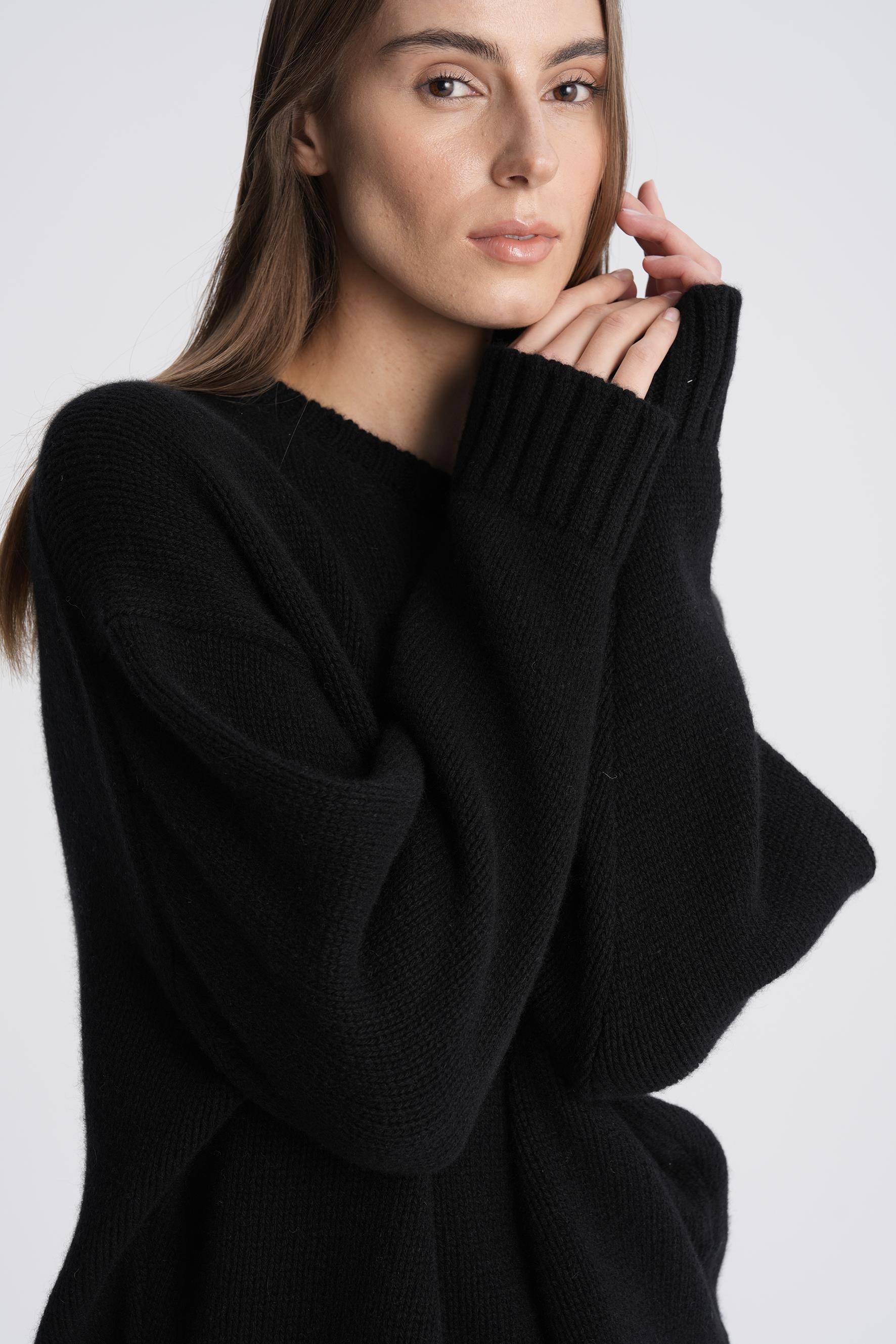 Siyah %100 Kaşmir Bisiklet Yaka Oversize Kazak