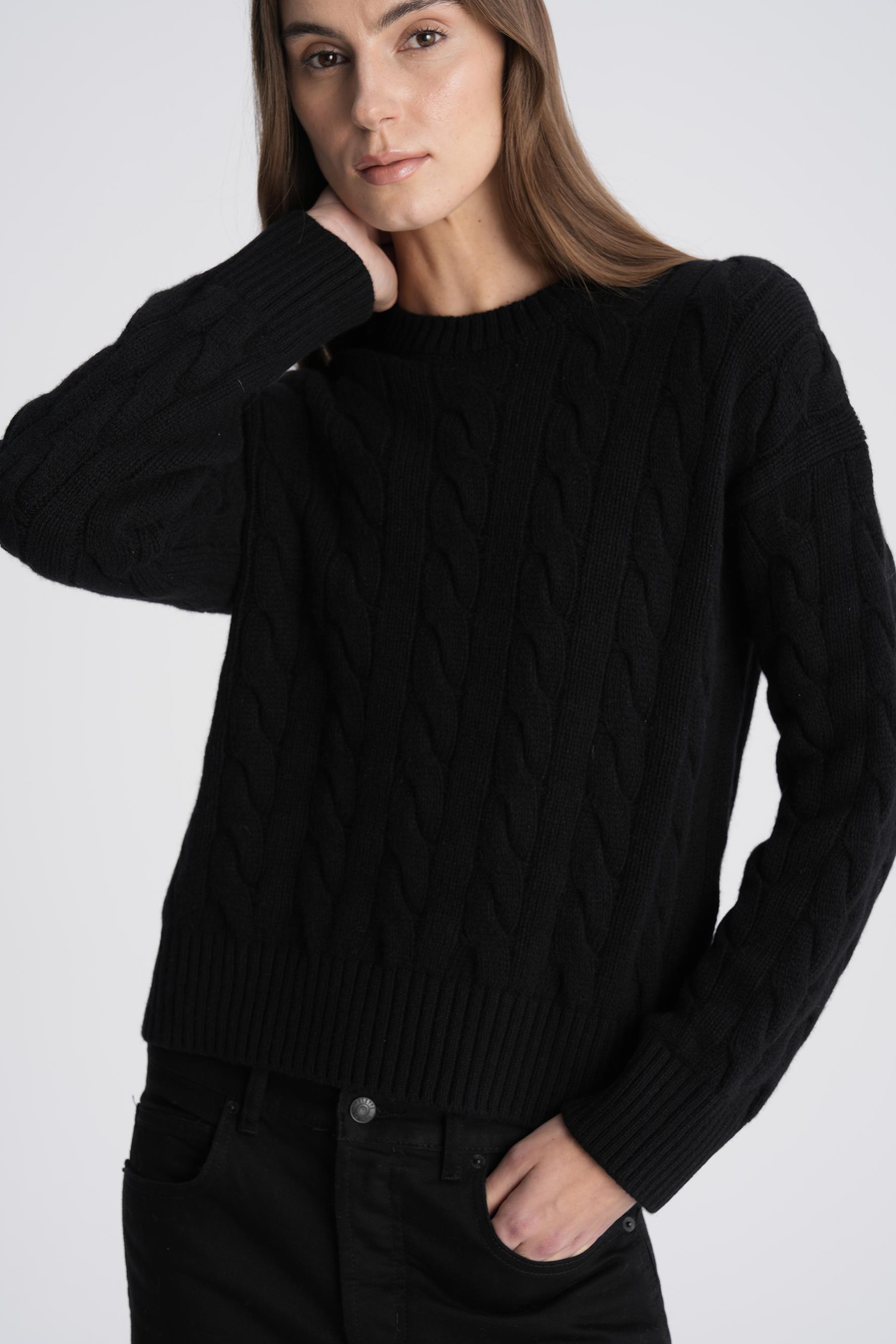 Siyah %100 Kaşmir Saç Örgülü Kazak