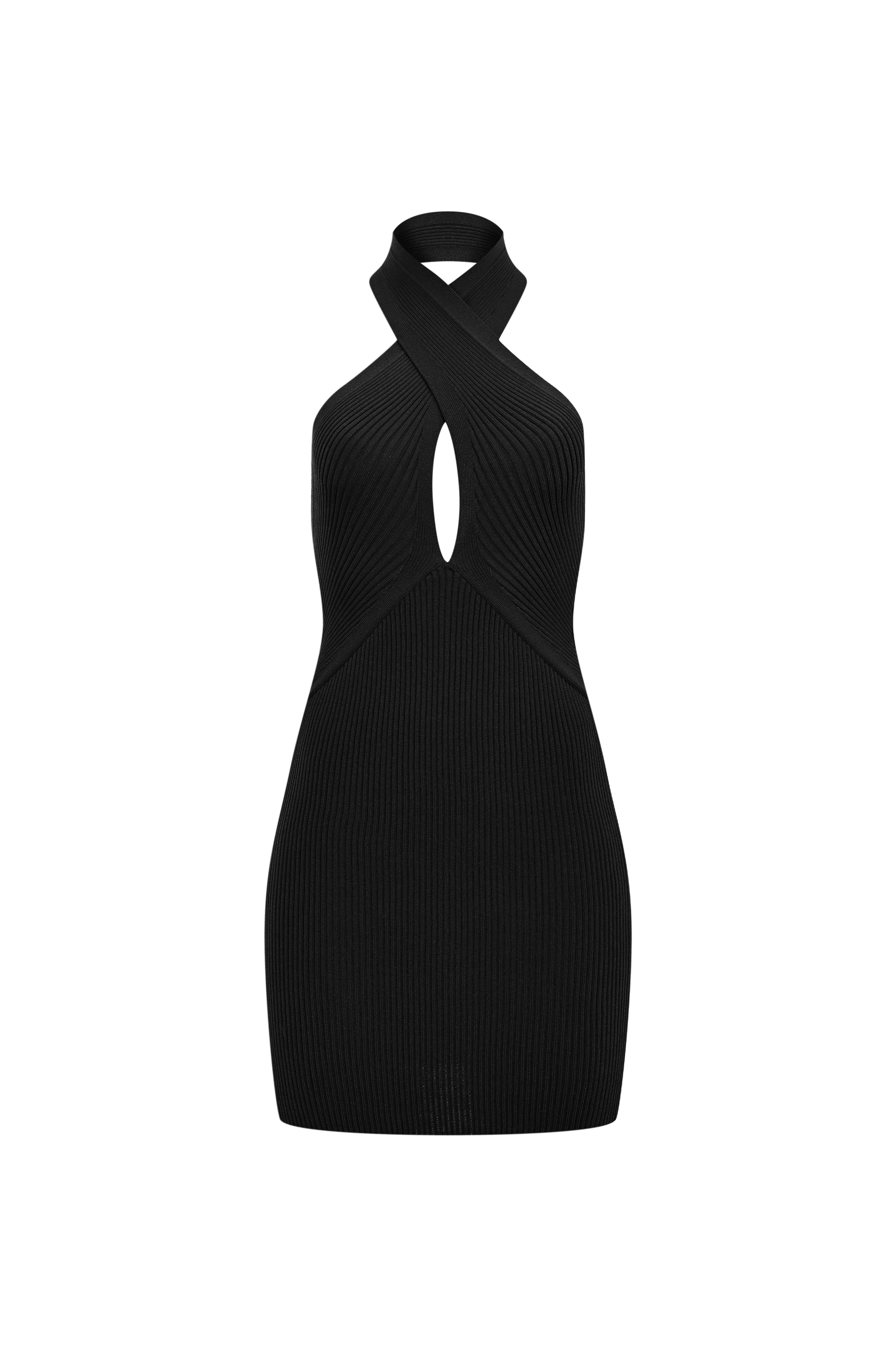 Siyah Boyundan Bağlamalı Mini Triko Elbise