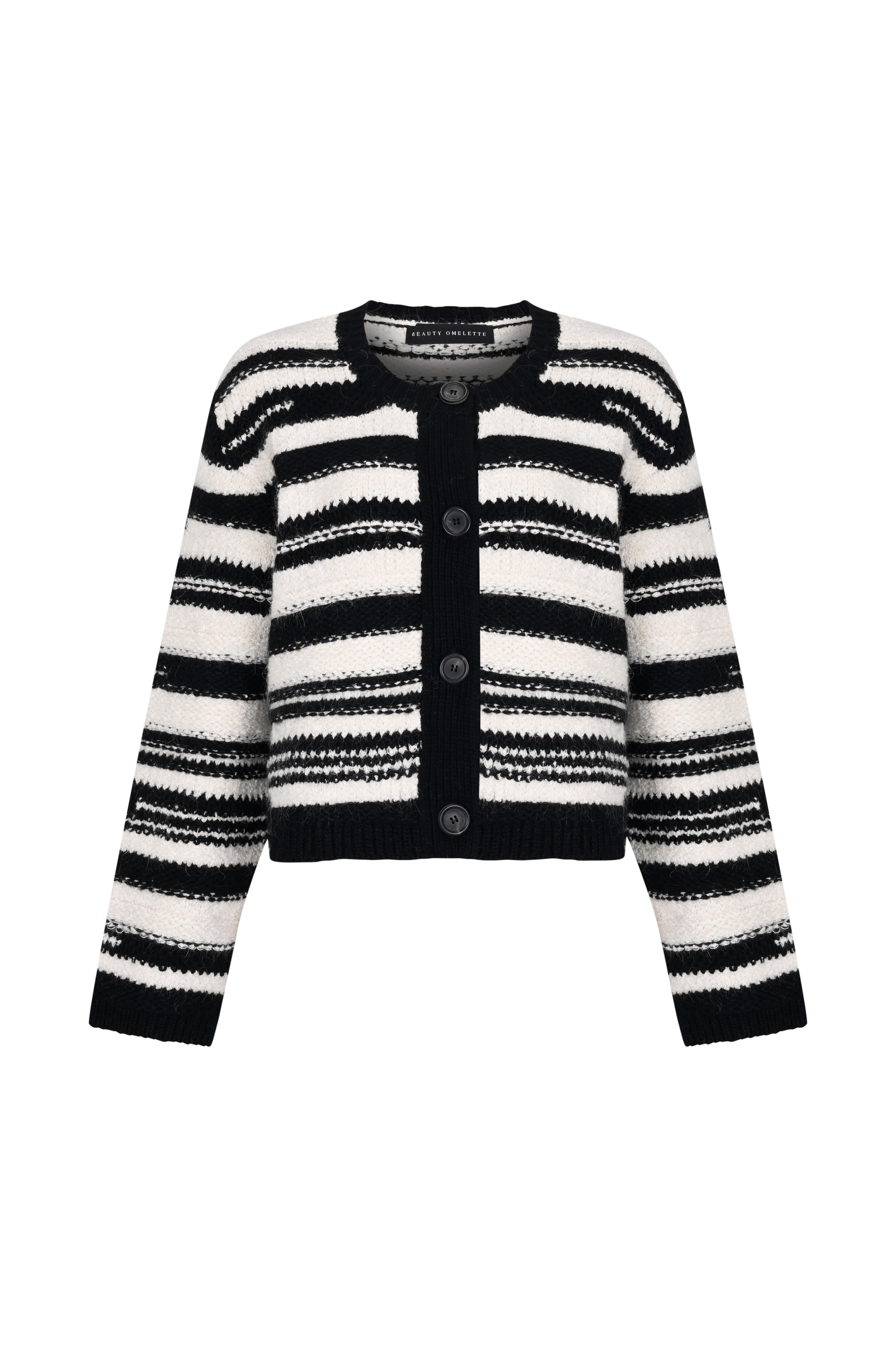 Siyah Çizgili Yün Buklet Düğmeli Hırka