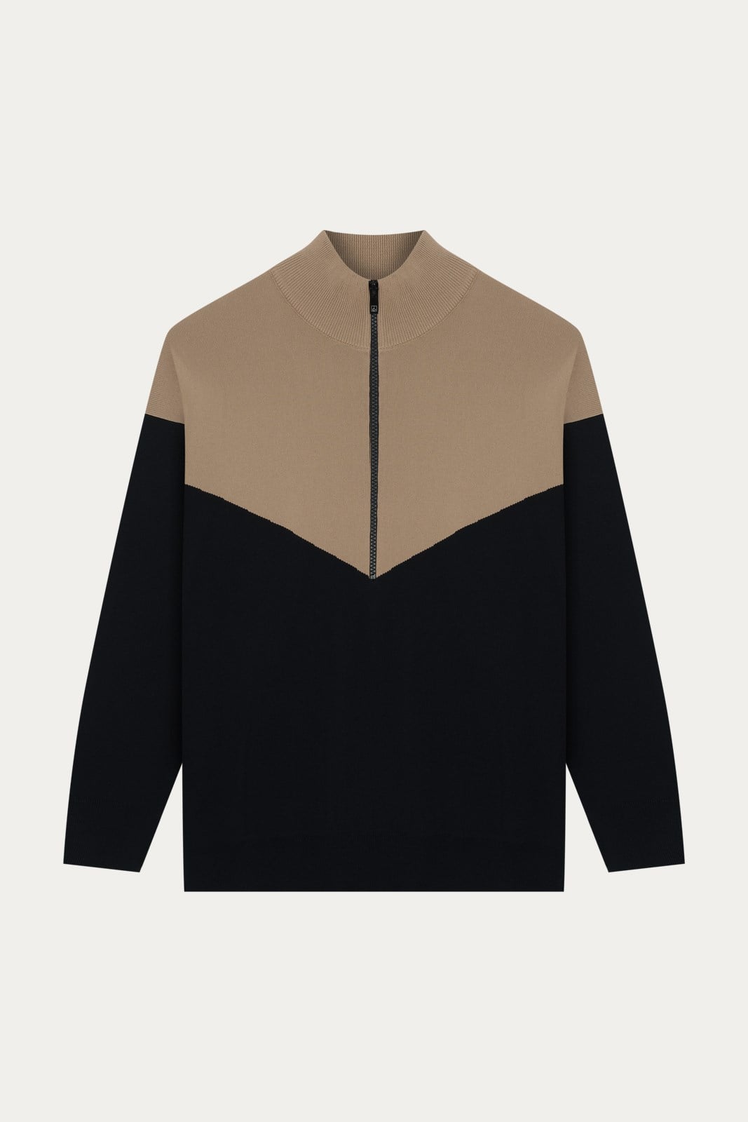 Siyah Dik Yaka Fermuarlı Colorblock Triko Sweat