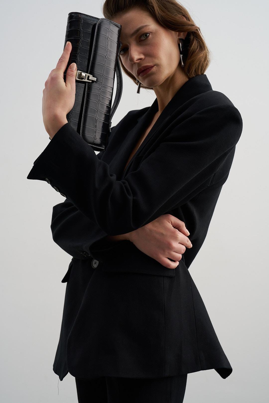 Siyah June Kroko Desenli Deri Clutch Bag
