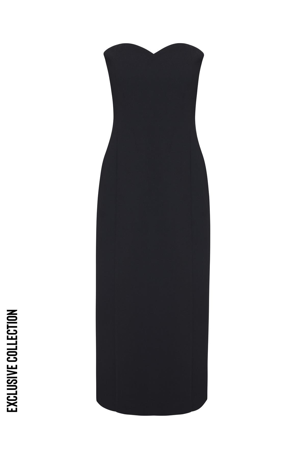 Siyah Kalp Yaka Krep Midi Elbise - Exclusive Collection