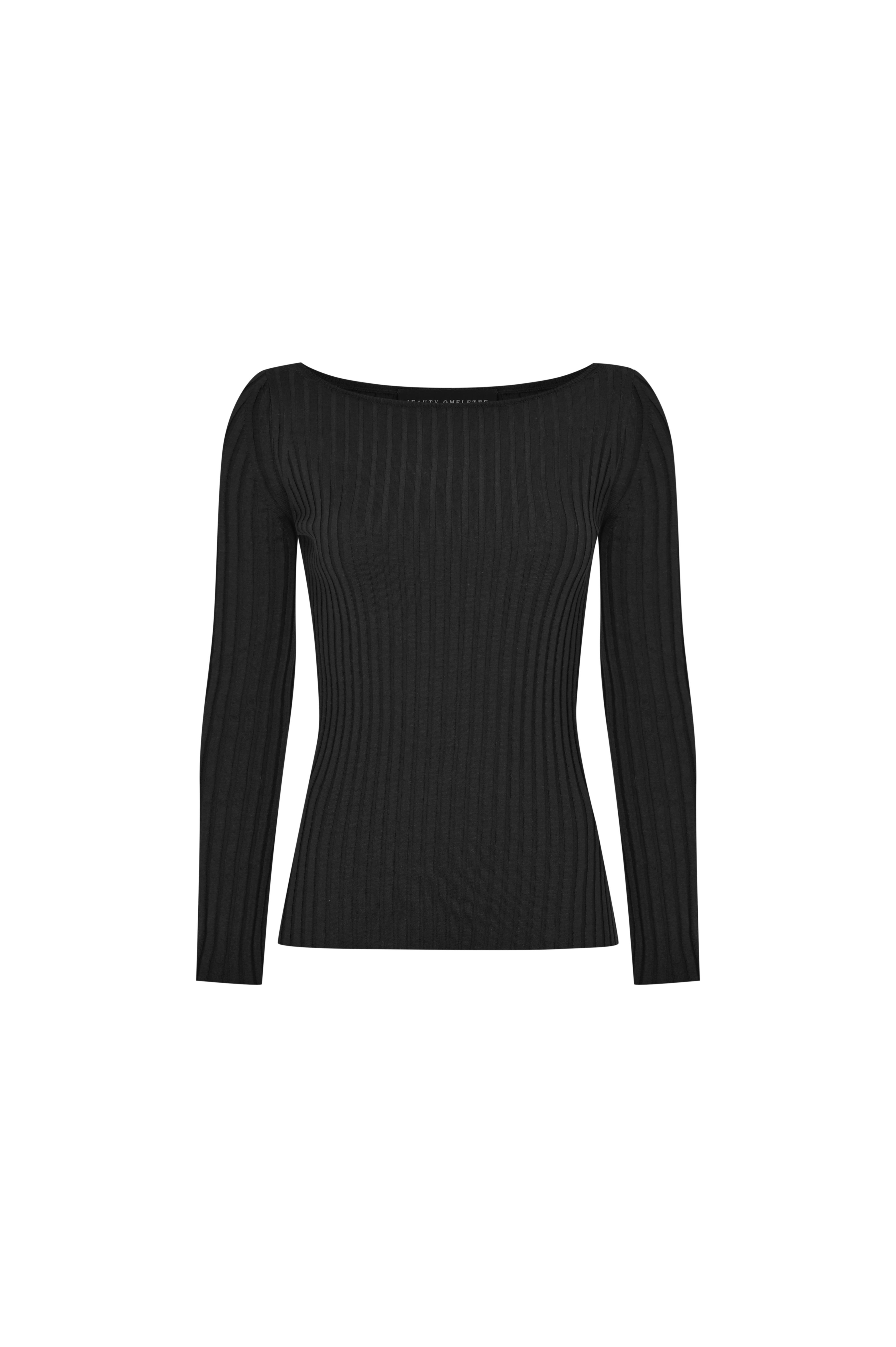 Siyah Kayık Yaka Ribli Triko Kazak