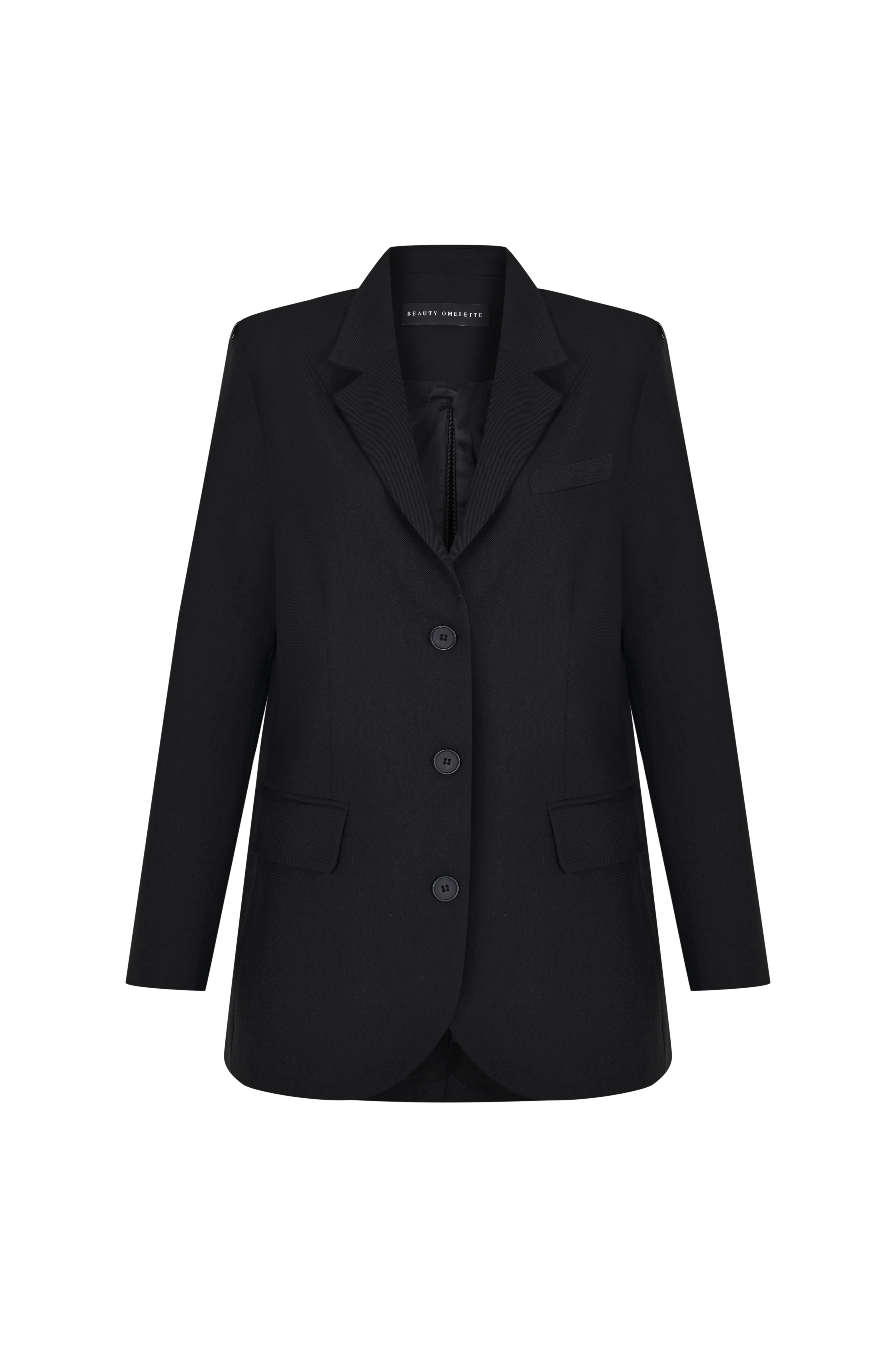 Siyah Kesik Detaylı Yünlü Blazer