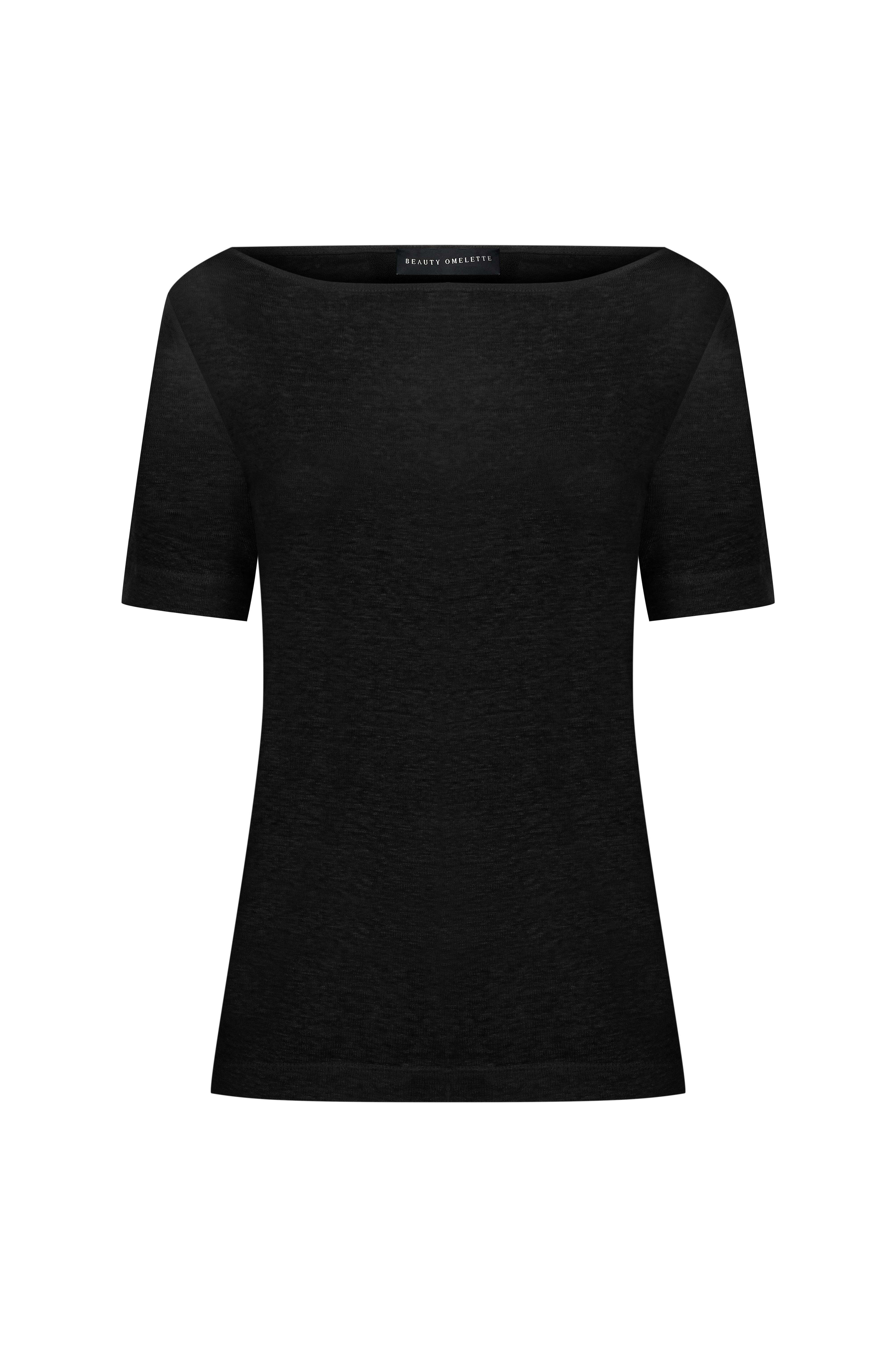 Siyah Keten Kayık Yaka Tshirt