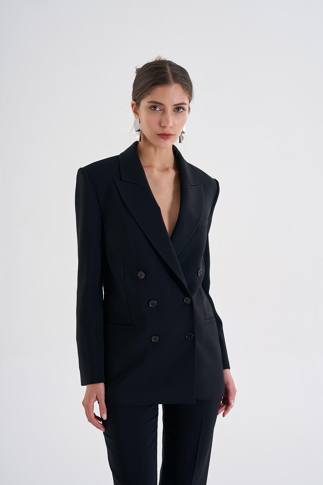 Siyah Kruvaze Yaka Blazer