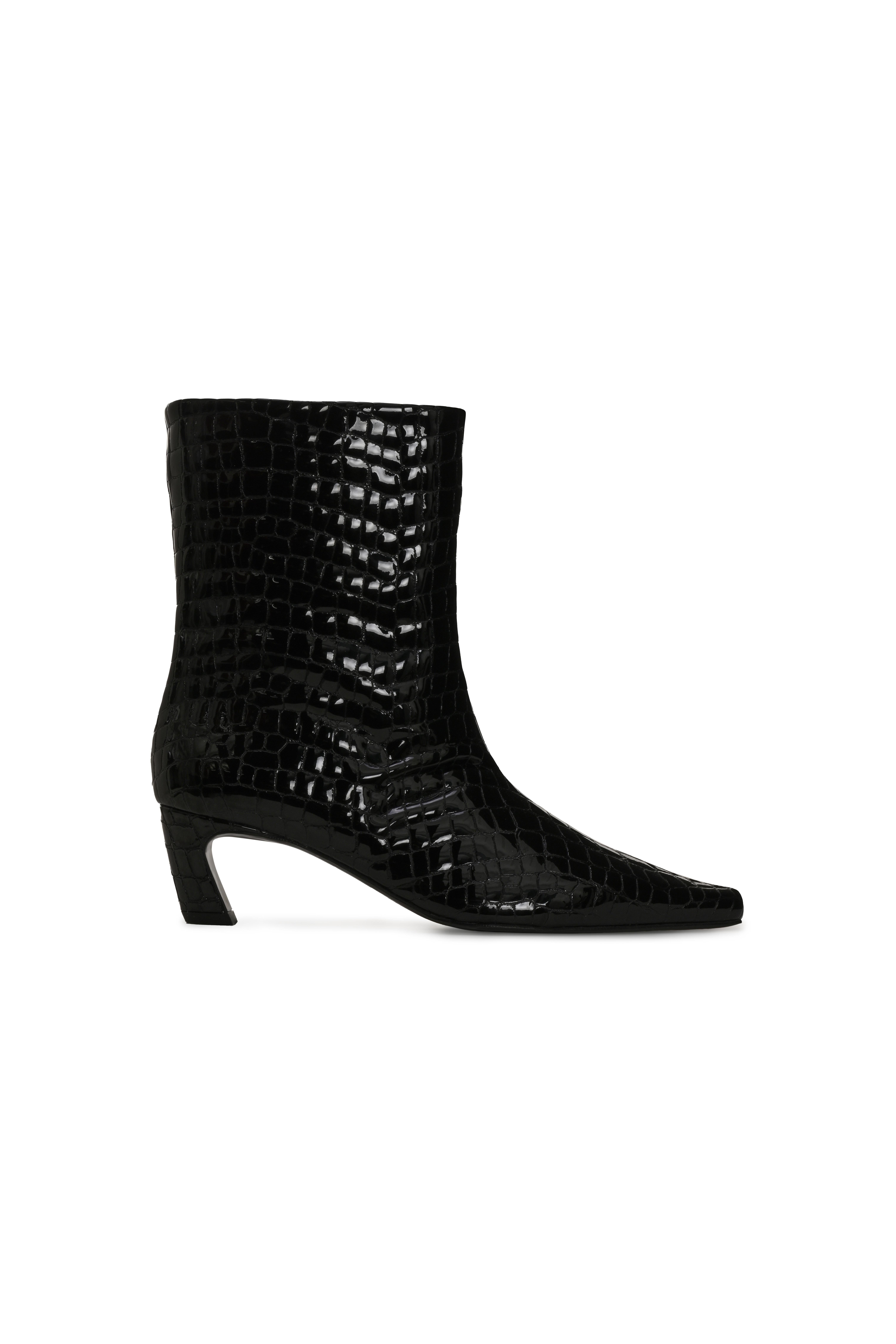 Siyah Küt Burun Kitten Heel Kroko Bot