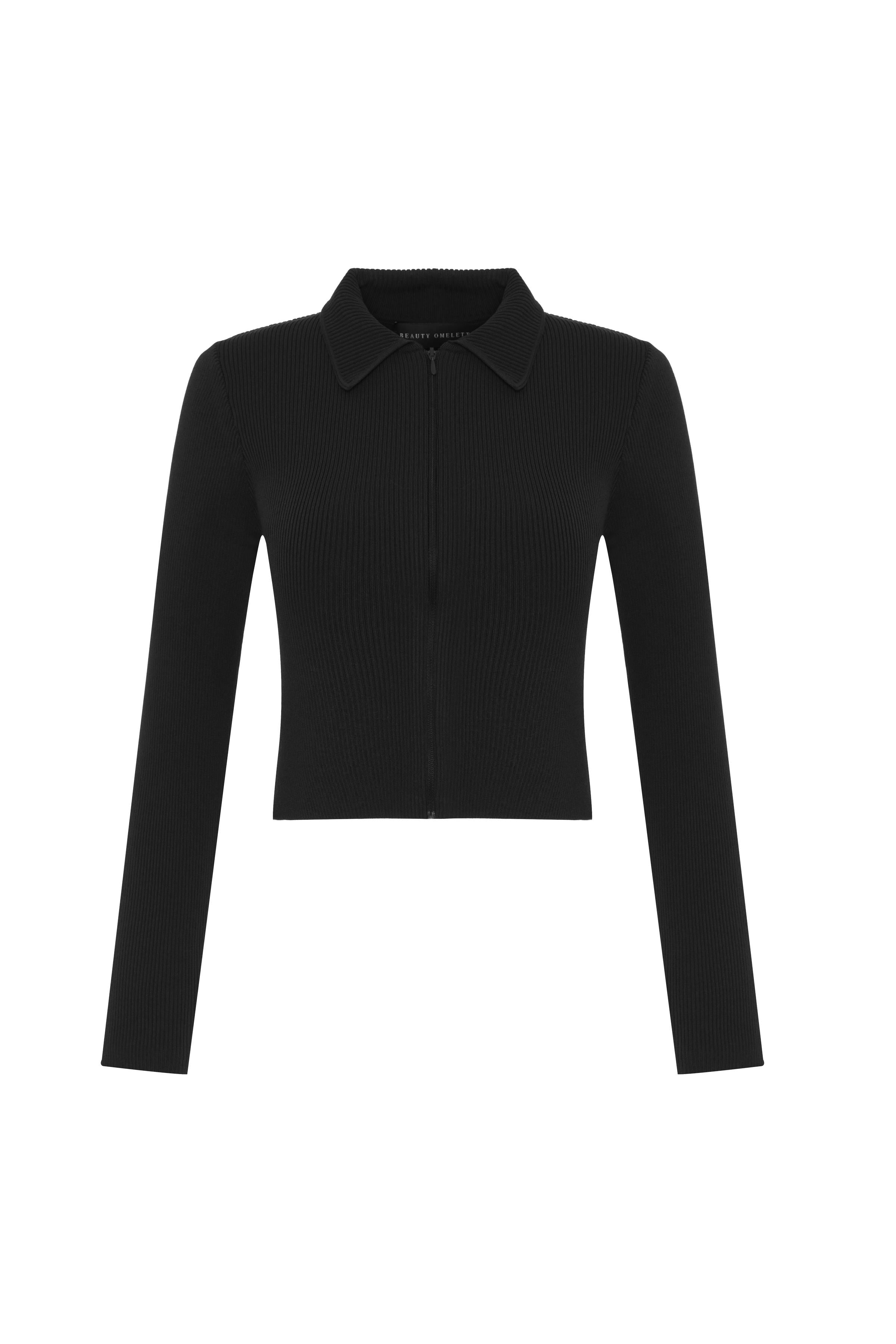 Siyah Polo Yaka Fitted Kısa Hırka