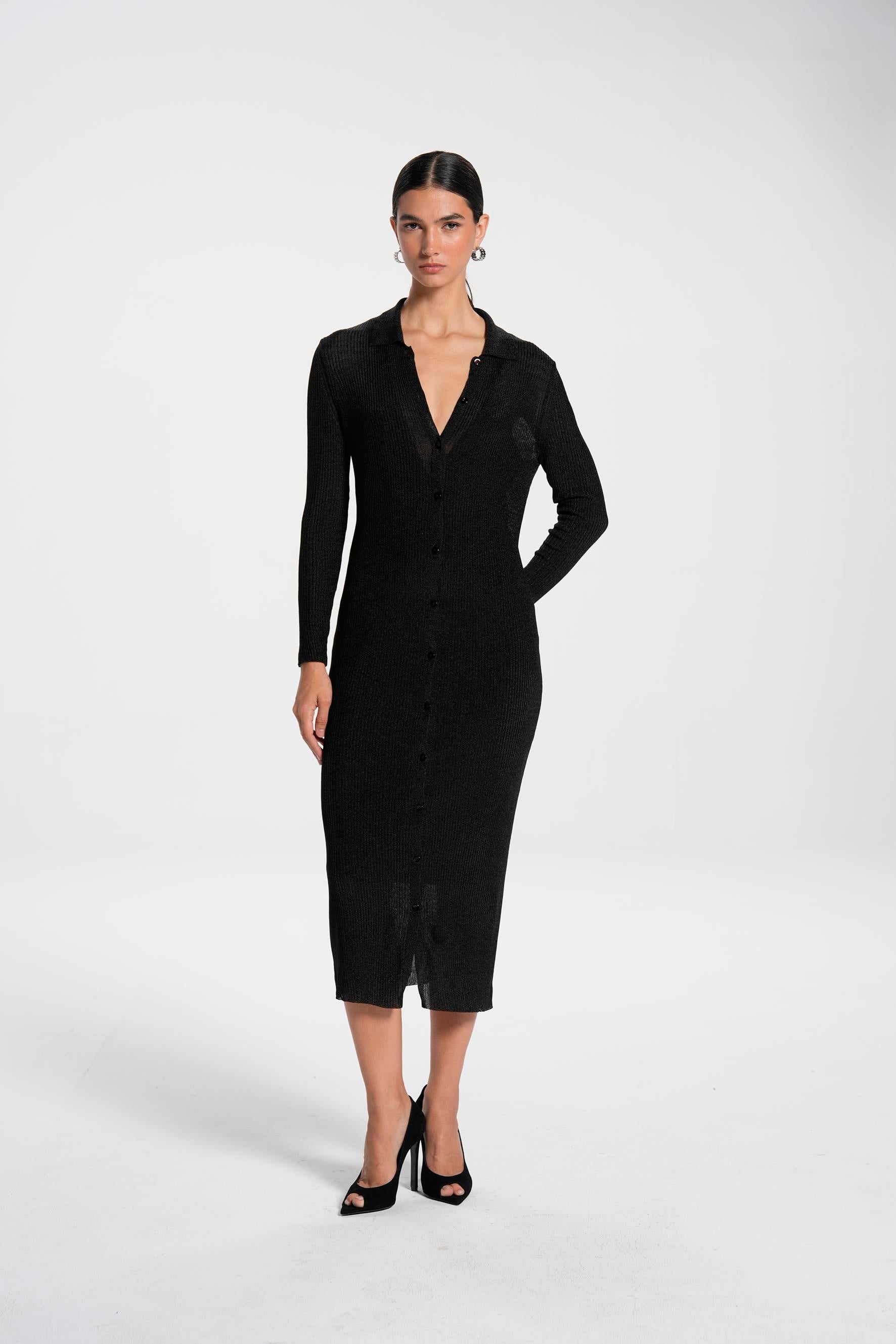 Siyah Simli Polo Yaka Maxi Elbise