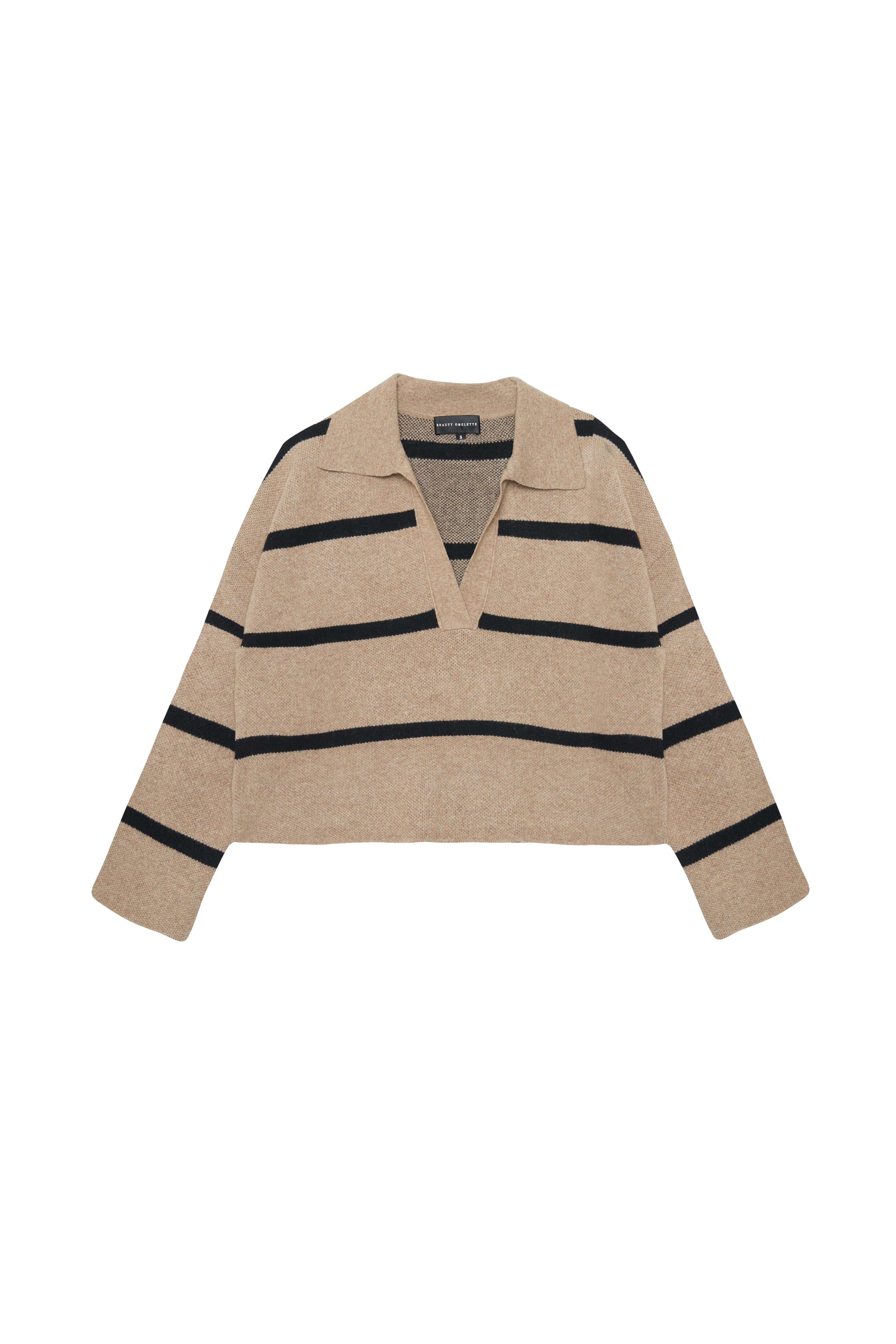 Vizon Çizgili Polo Yün Crop Kazak