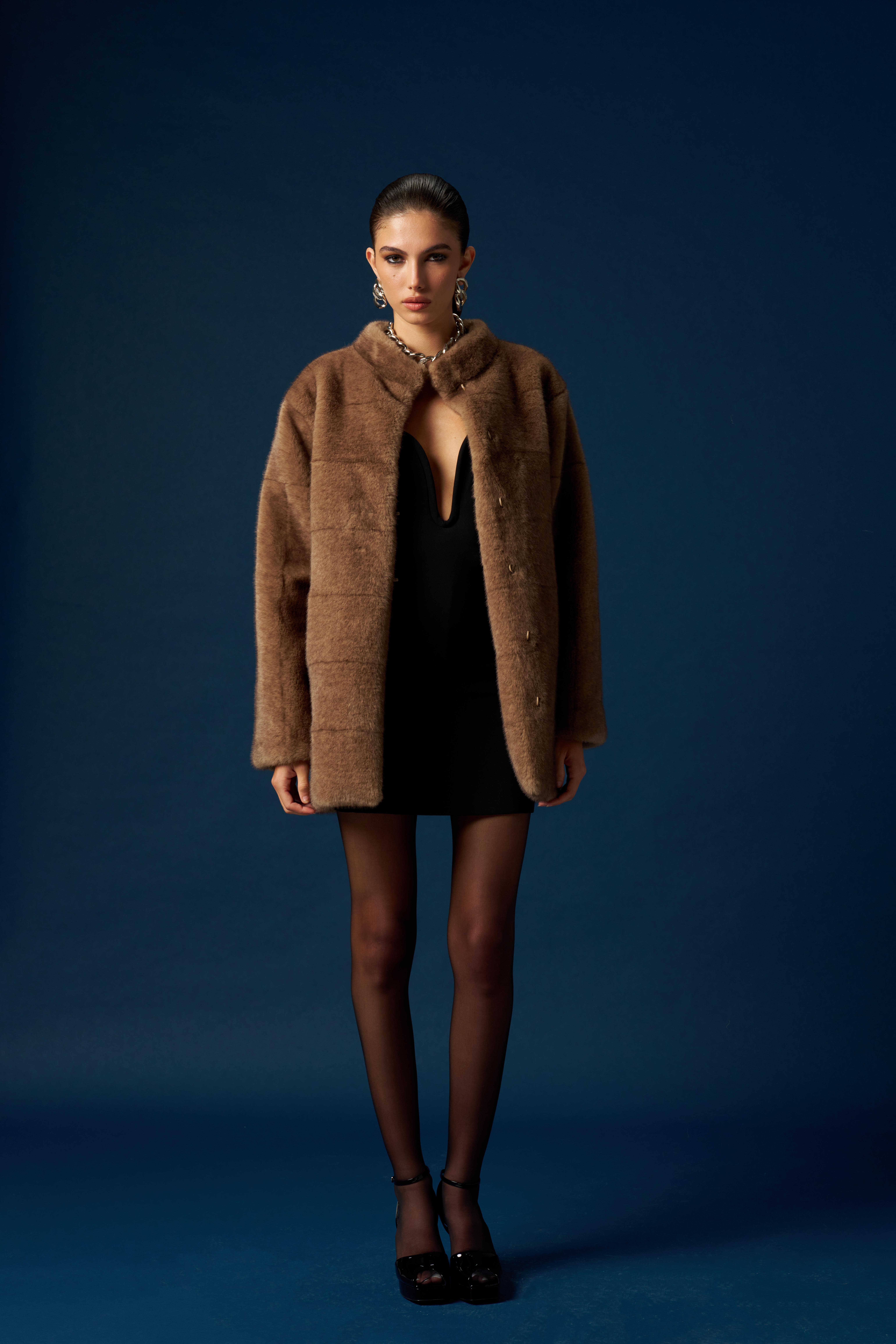 Vizon Dik Yaka Midi Suni Kürk