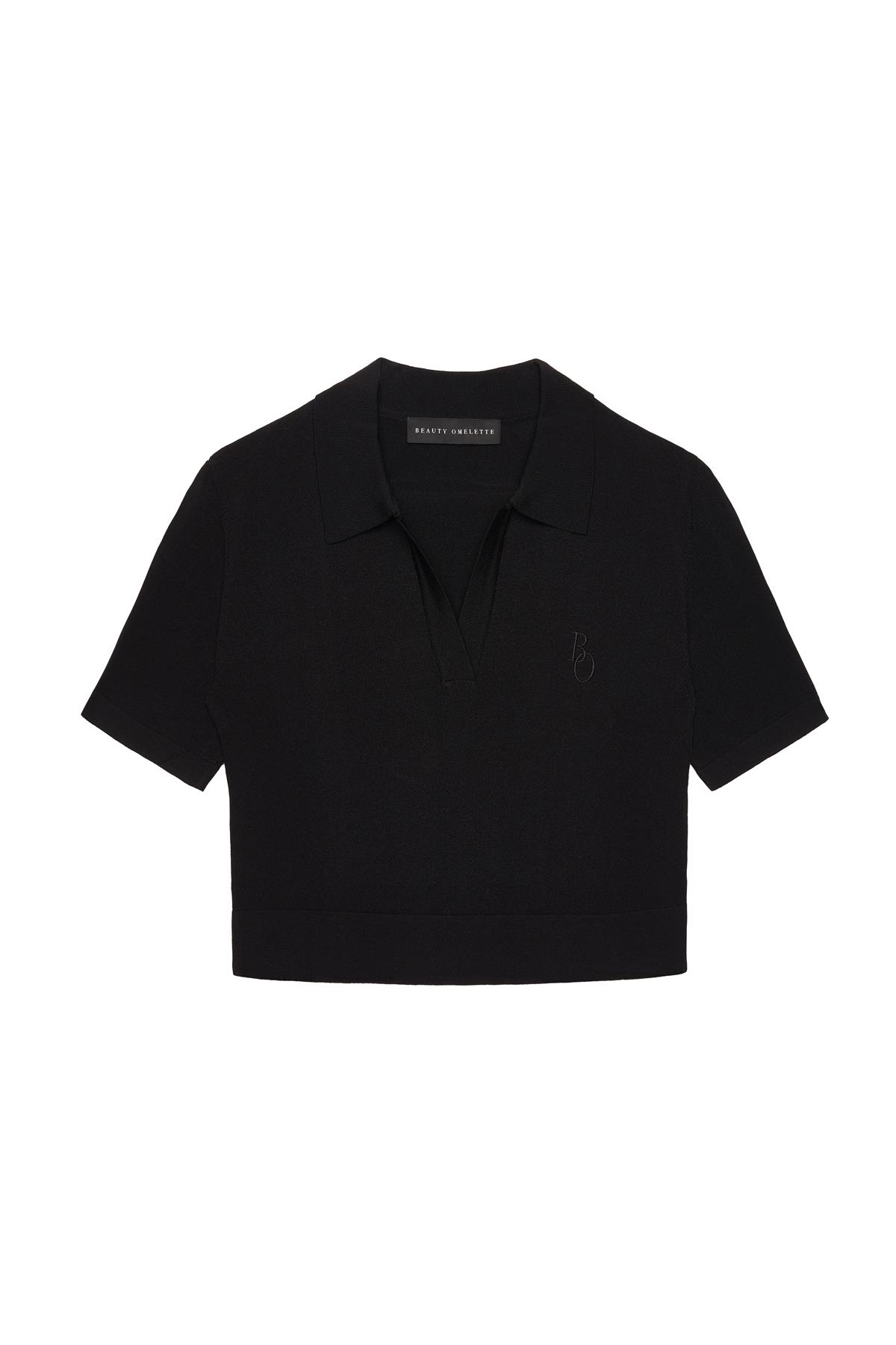 Siyah Logolu Polo Yaka Crop Kazak