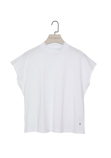Beyaz Dik Yaka Kısa Kollu T-shirt  