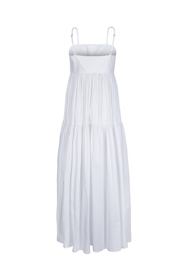 Kırık Beyaz Kare Yaka Uzun Poplin Elbise