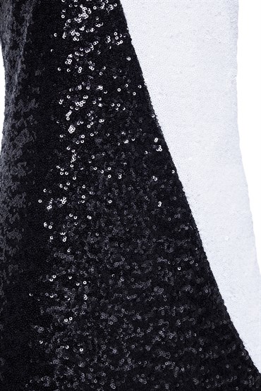 Siyah/Beyaz Colorblock Payetli Askılı Elbise
