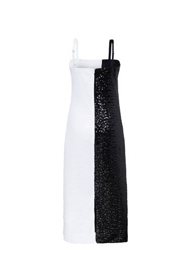 Siyah/Beyaz Colorblock Payetli Askılı Elbise