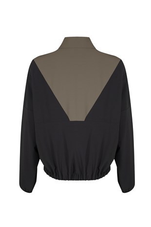 Siyah/Vizon Colorblock Fermuarlı Teknik Sweatshirt