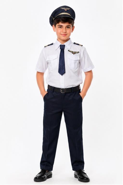 Erkek Çocuk Pilot Kostümü Şapkalı Kaptan Üniforması Tam Set