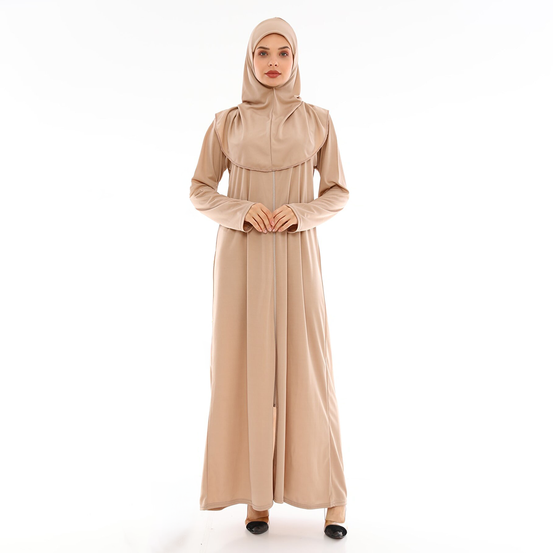 Kadın Fermuarlı Başörtülü Ferace Namaz Elbisesi