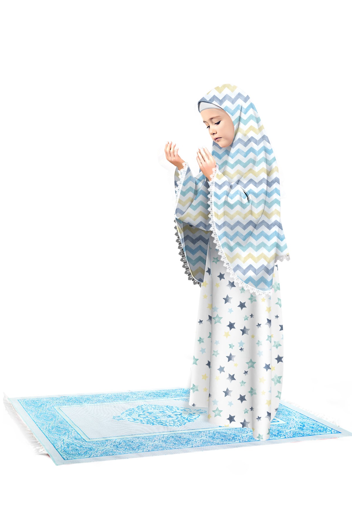 Kız Çocuk Namaz Elbisesi 3 Parçalı Seccadeli Dantel Detaylı Eteği Renkli Yıldız Baskılı