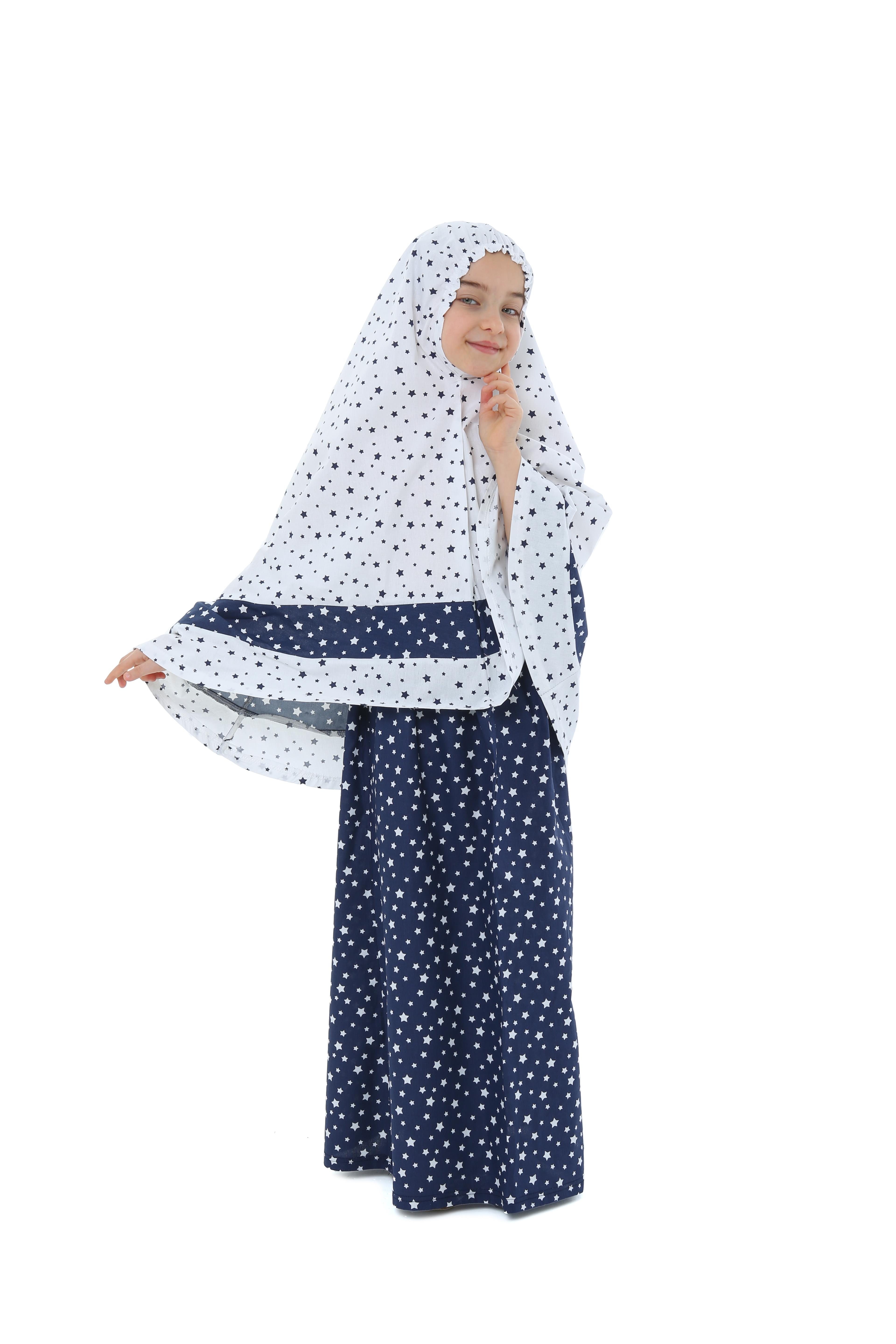 Kız Çocuk Namaz Elbisesi Larcivert Rengi Yıldız Baskılı Kemer Desenli