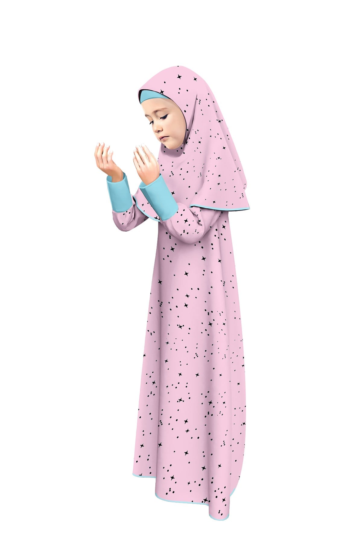 Kız Çocuk Namaz Elbisesi Yıldız Desenli Kolu Manşetli