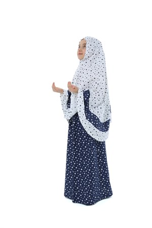 Kız Çocuk Namaz Elbisesi Larcivert Rengi Yıldız Baskılı Kemer Desenli