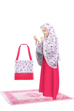 Kız Çocuk Namaz Elbisesi Pamuklu 4 Parçalı Set pembe Baskılı