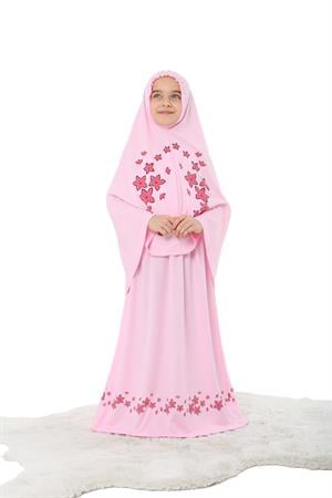 Kız Çocuk Namaz Elbisesi Yıldız Baskılı Uzun Başörtülü