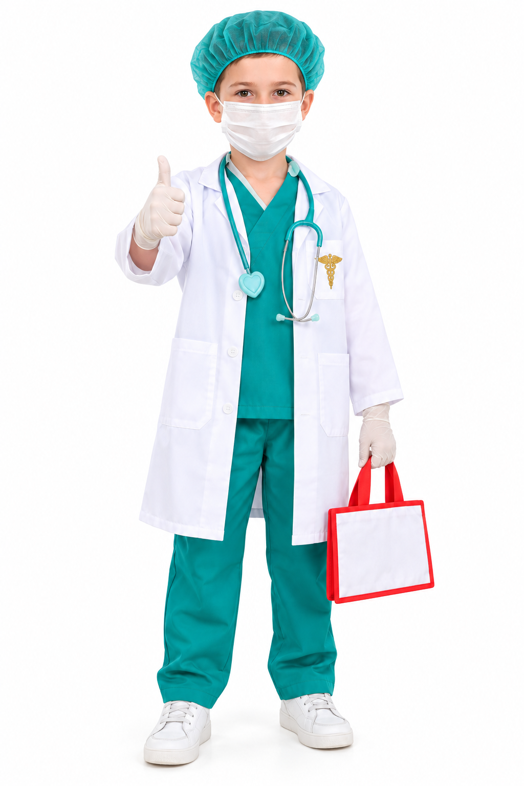 Çocuk Cerrah Doktor Kostümü Tam Set – Ameliyat Kıyafeti, Doktor Önlüğü, Steteskop ve Aksesuarları