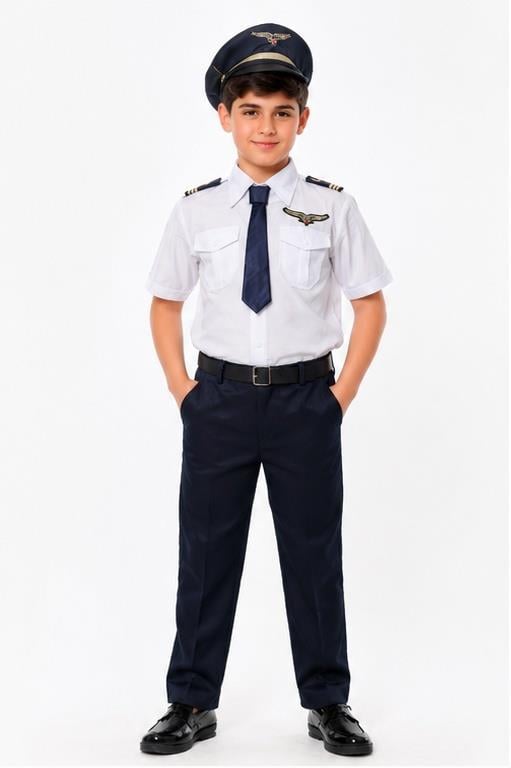 Erkek Çocuk Pilot Kostümü Şapkalı Kaptan Üniforması Tam Set