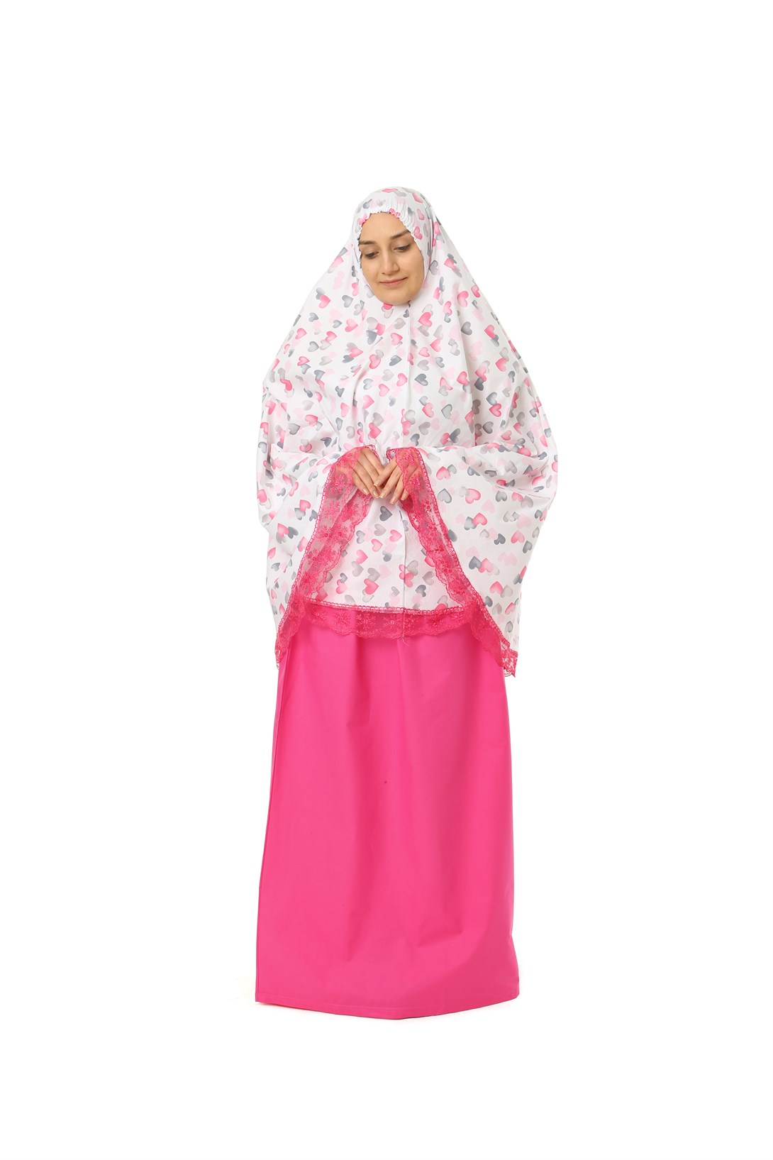 Kız Çocuk Namaz Elbisesi Küçük Kalp Baskılı Dantel Detaylı