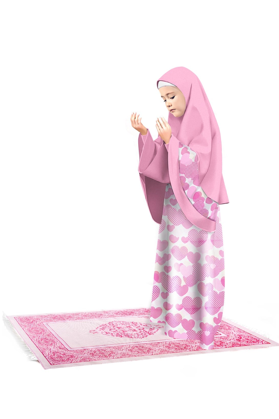 Kız Çocuk Namaz Elbisesi 3 Parçalı Seccadeli Eteği Kalp Baskılı Pembe
