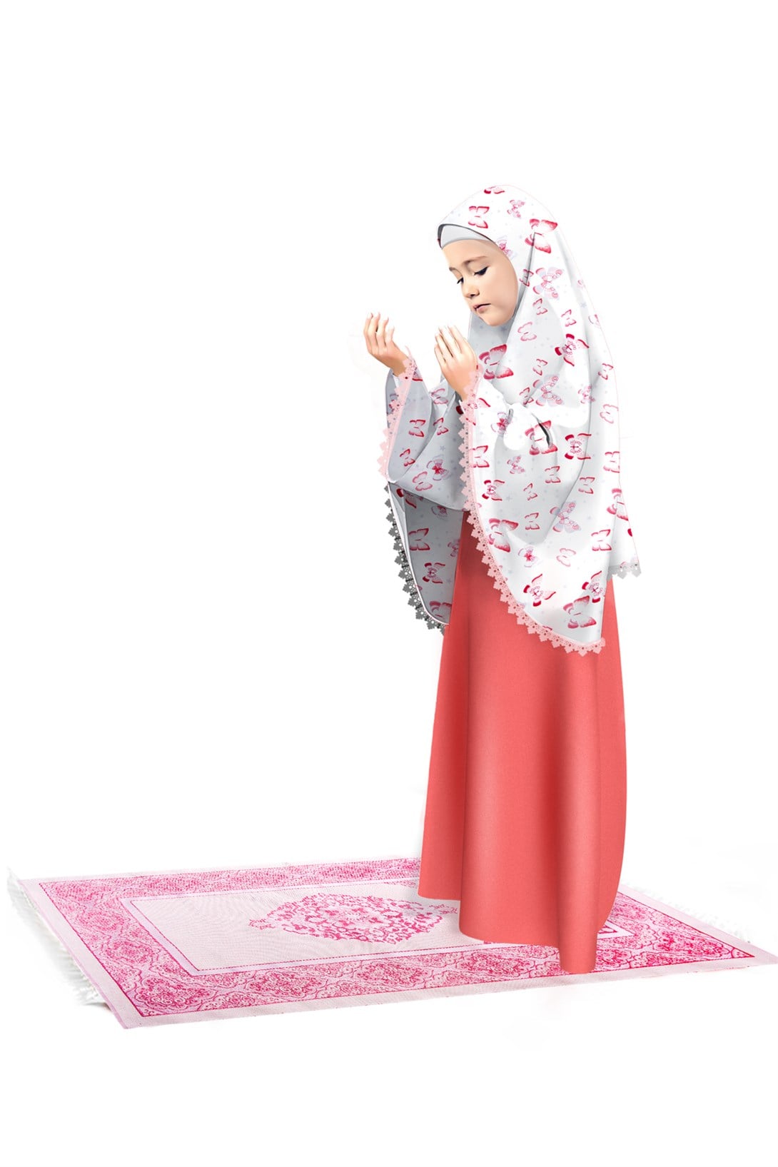 Kız Çocuk Namaz Elbisesi 3 parçalı Seccadeli Kelebek Baskılı Dantel Detaylı