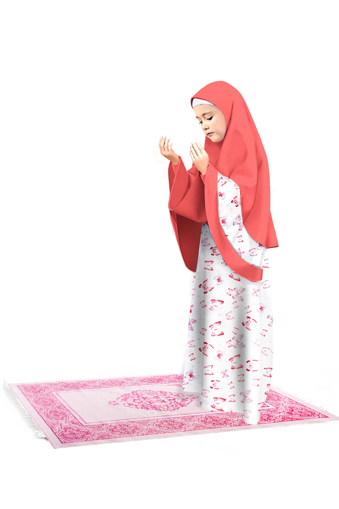 Kız Çocuk Namaz Elbisesi 3 parçalı Seccadeli Eteği Kelebek Baskılı