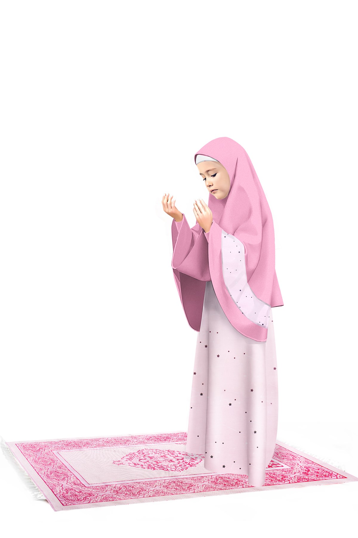 Kız Çocuk Namaz Elbisesi 3 Parçalı Seccadeli Renkli Yıldız Baskılı