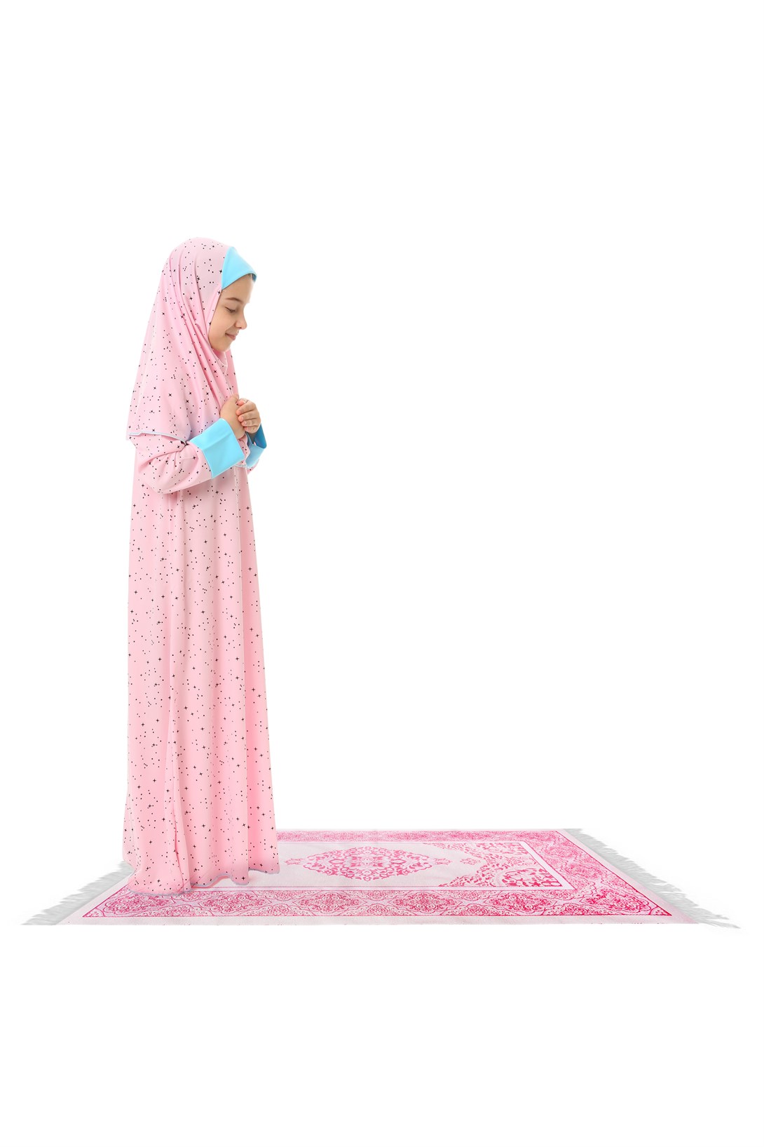 Kız Çocuk Namaz Elbisesi 3 Parçalı Seccadeli Yıldız Desenli Kolu Manşetli